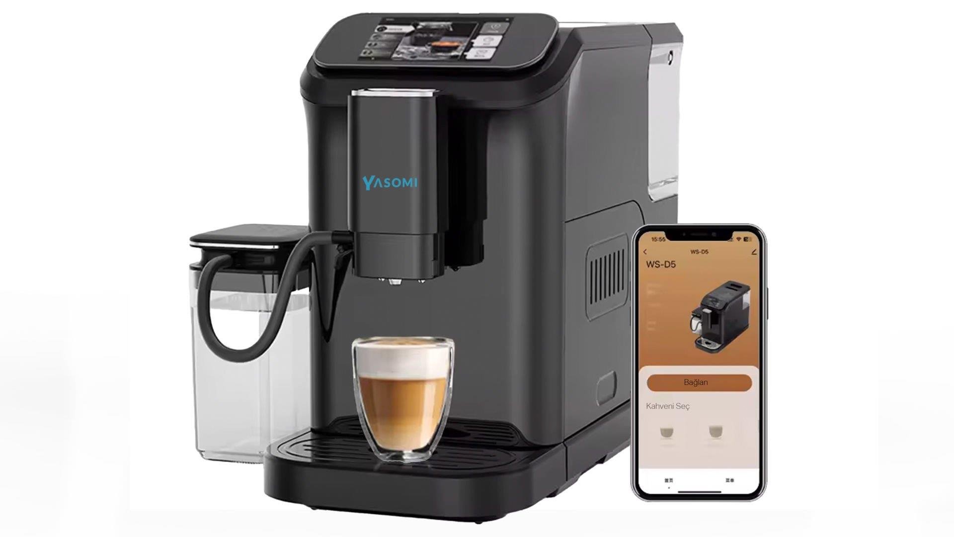 Yasomi Brewsta WS-D5 Çelik Kahve Öğütücülü, Süt Köpürtücülü, Dokunmatik Ekranlı Full Otomatik Espresso Makinesi (Siyah)