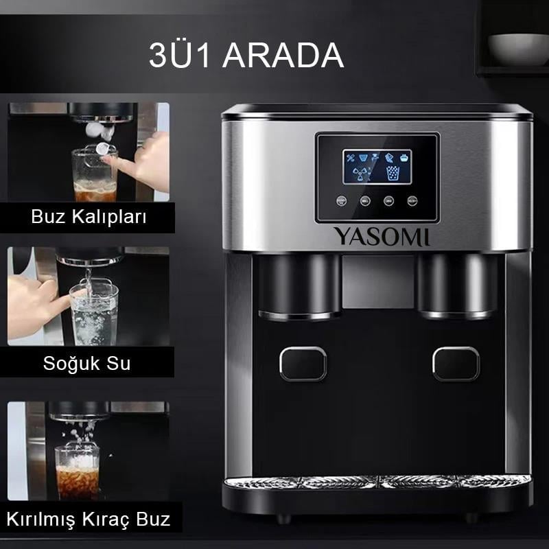 Yasomi Coolmaster ZBS15 3in1 Küp & Kırılmış Buz, Soğuk Su LCD Dokunmatik Inox Gövde 2l Tanklı Buz Makinesi