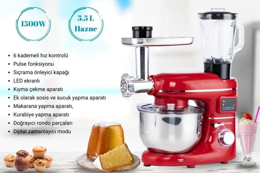 Yasomi Sm 1504bml Kırmızı Led Ekranlı Kıyma Çekme Aparatlı Blender Stand Mikser Mutfak Şefi 1500w