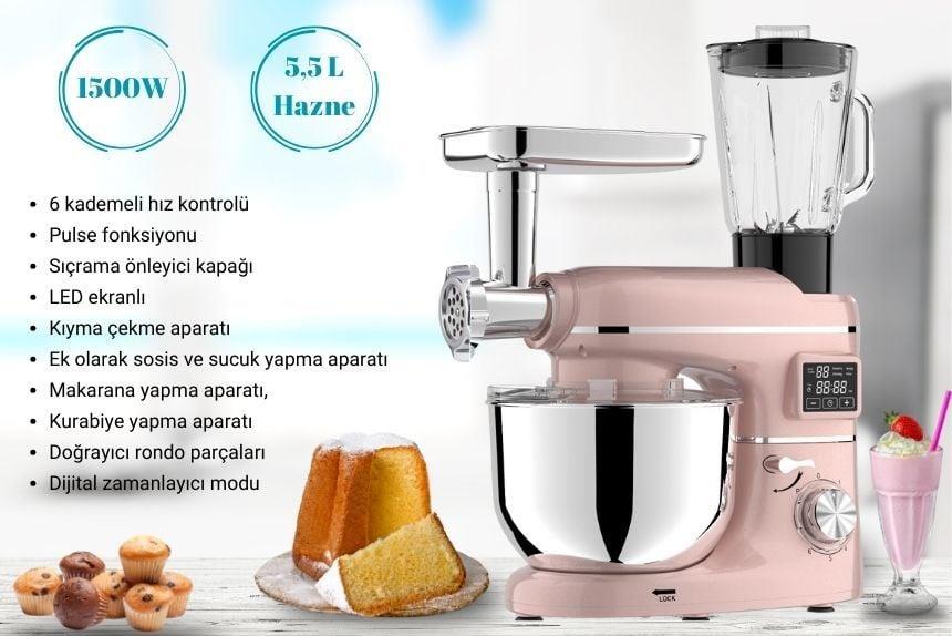Yasomi Sm 1504bml Pembe Led Ekranlı Kıyma Çekme Aparatlı Blender Stand Mikser Mutfak Şefi 1500w