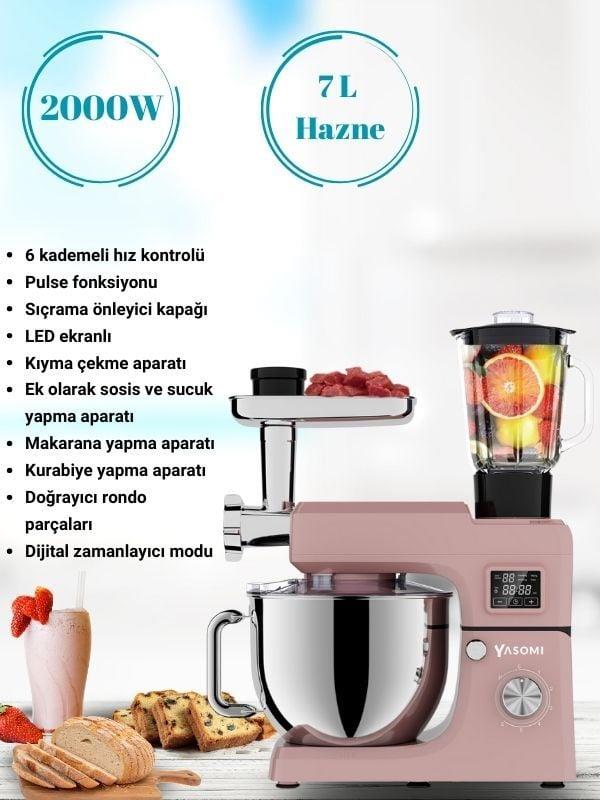 Yasomi Sm 1511bml Led Ekranlı Kıyma Çekme Aparatlı Blender Stand Mikser Mutfak Şefi (Pembe)