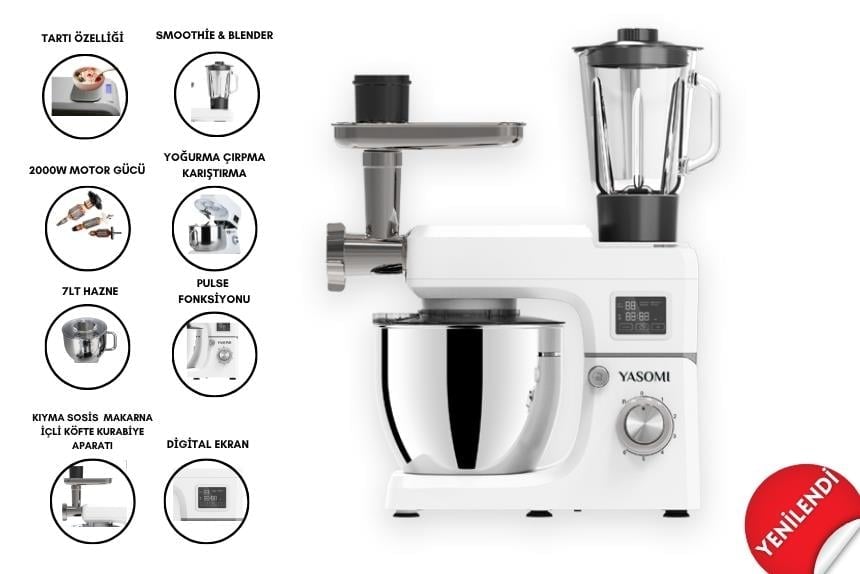 Yasomi Sm 1511bml Led Ekranlı Kıyma Çekme Aparatlı Blender Stand Mikser Mutfak Şefi (Beyaz)