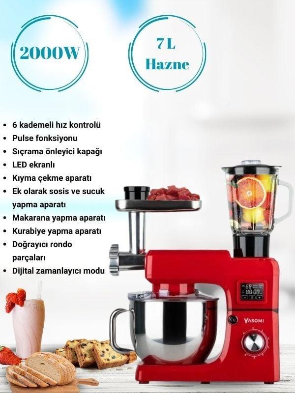 Yasomi Sm 1511bml Led Ekranlı Kıyma Çekme Aparatlı Blender Stand Mikser Mutfak Şefi (Kırmızı)