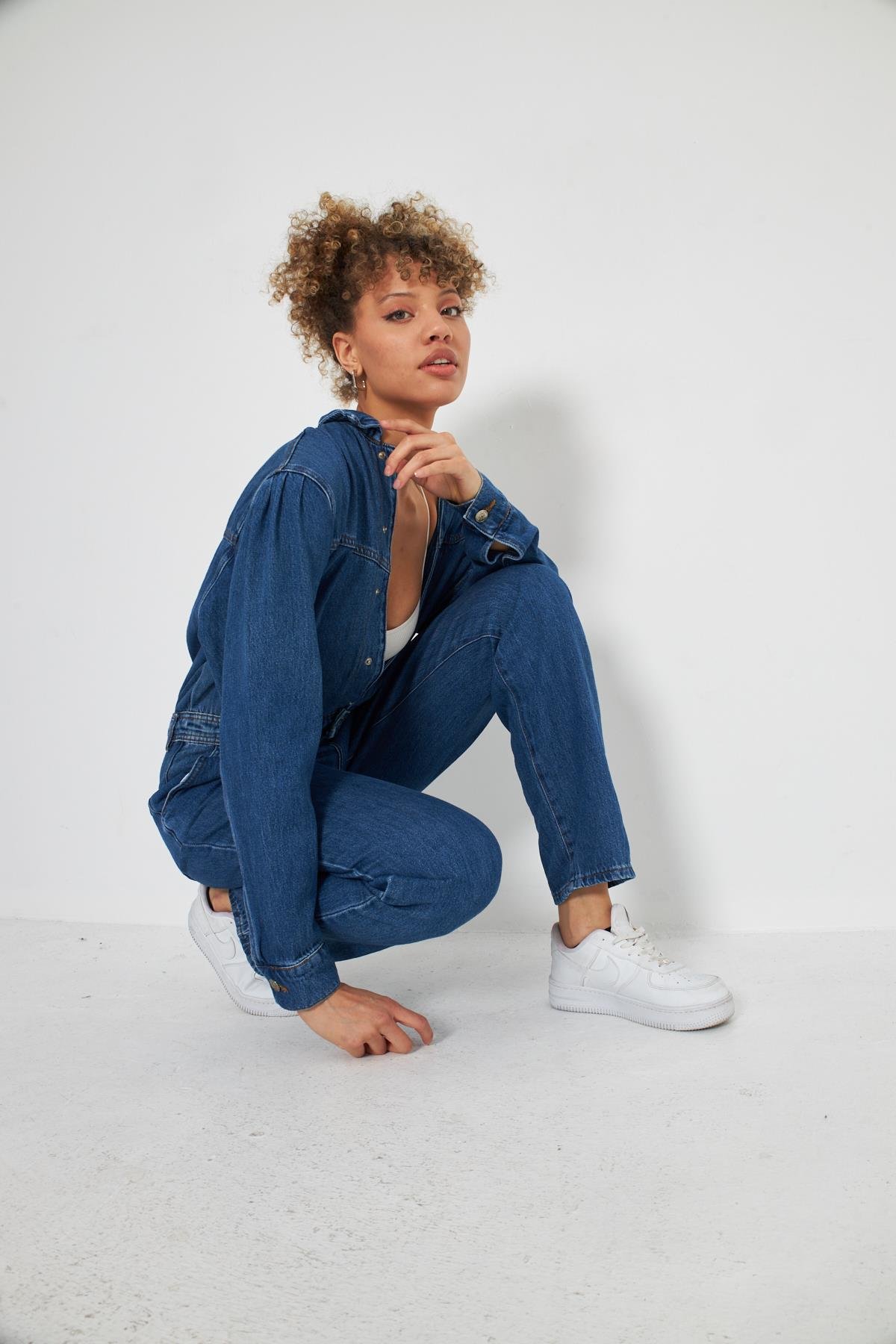 Denim Rahat Kalıp Cıt Cıt kapamalı Tulum