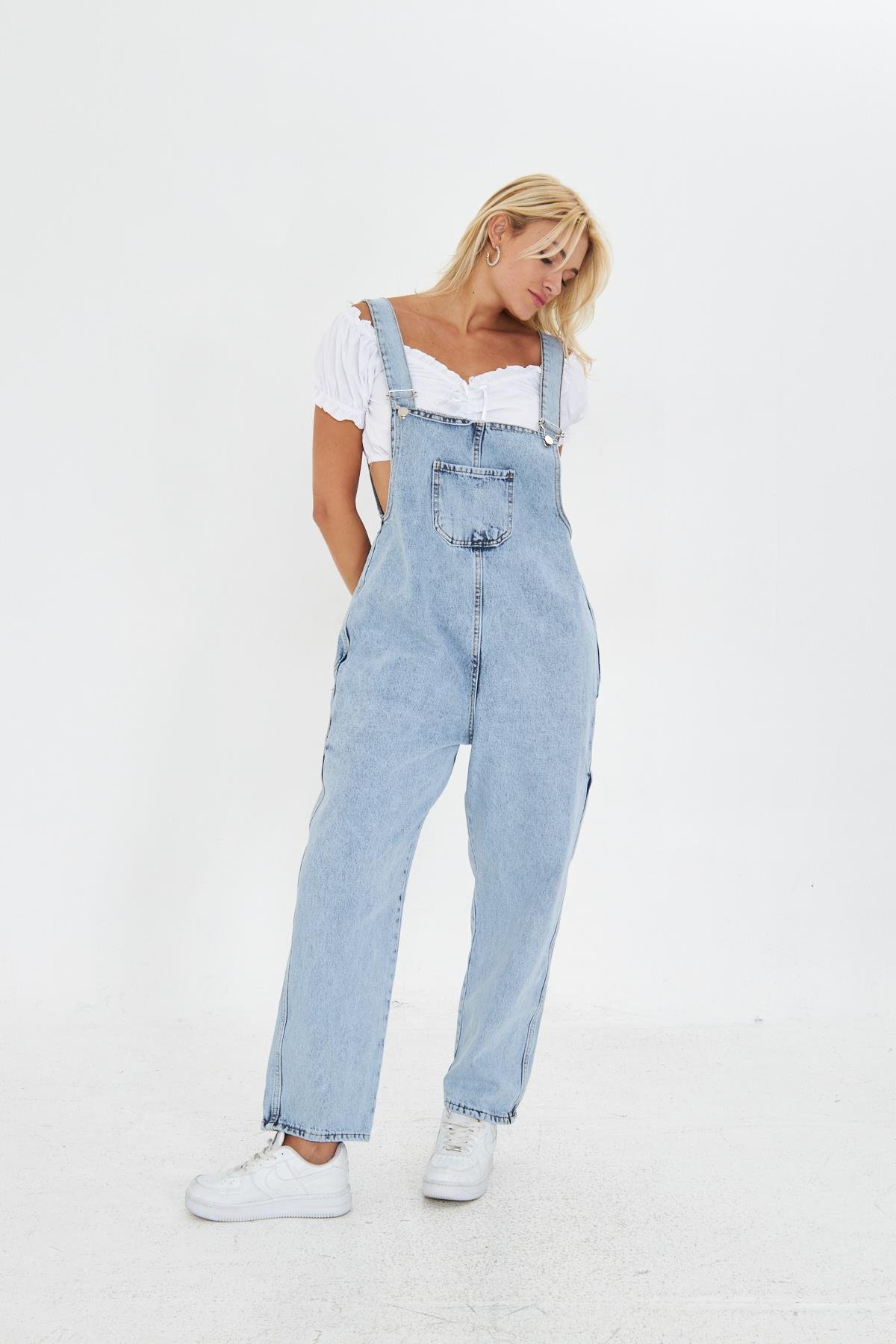 Mavi  Ayarlanabilir Askılı Cepli Oversize Kesim Denim Salopet