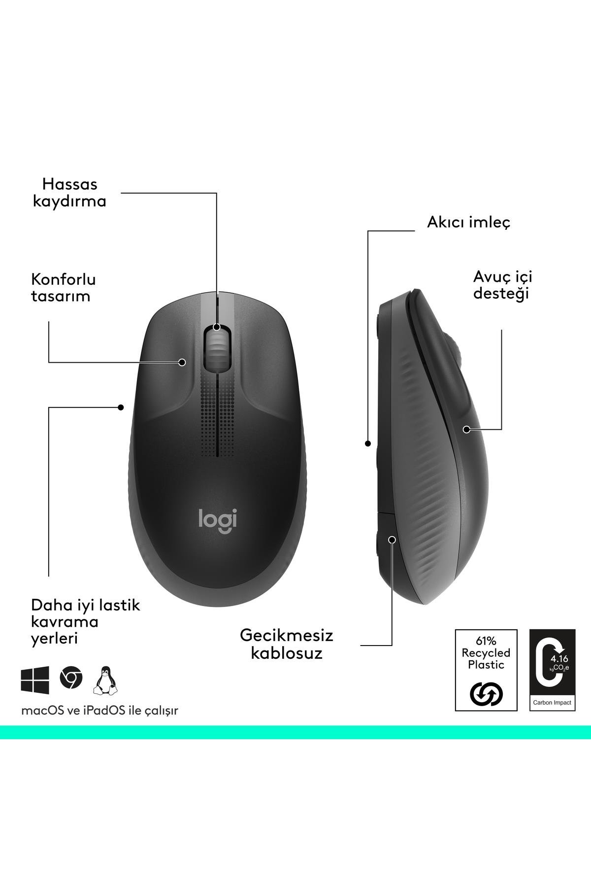 M190 Büyük Boy Usb Alıcılı 1.000 Dpı Kablosuz Mouse - Gri