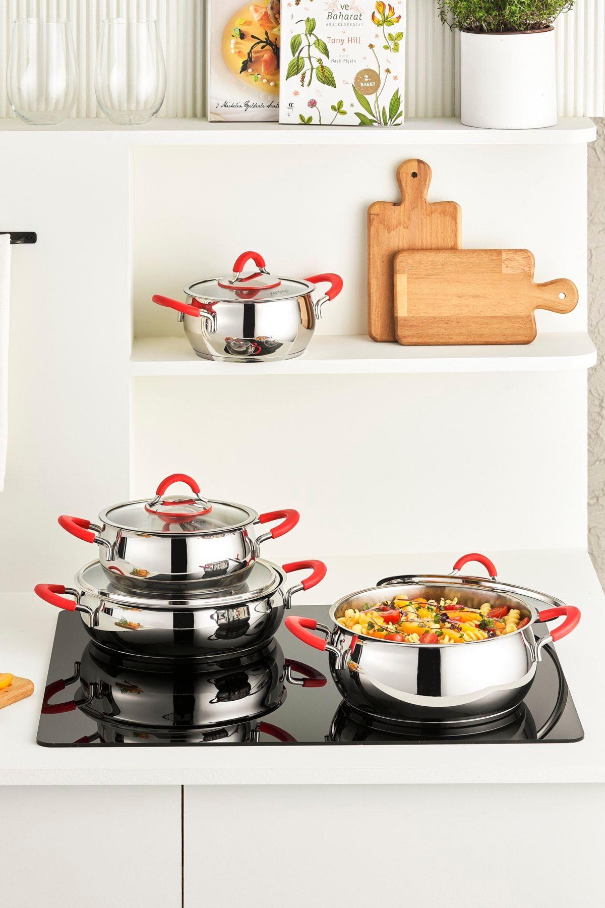 Oyster Indüksiyon Tabanlı Silikon Kulplu 8 Parça Çelik Tencere Seti Red