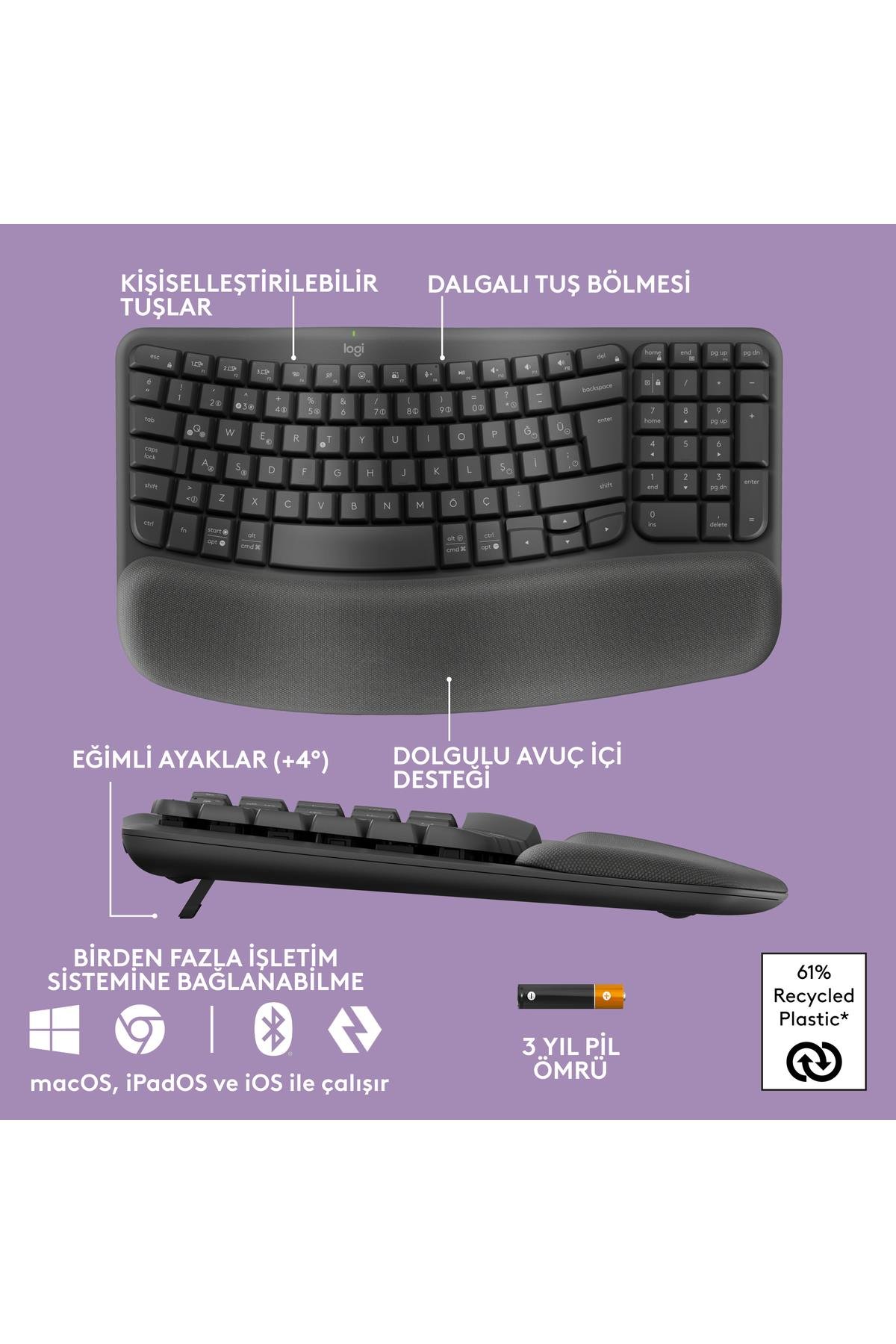 Wave Keys Kablosuz Bluetooth Dolgulu Avuç İçi Destekli Ergonomik Türkçe Q Klavye - Siyah