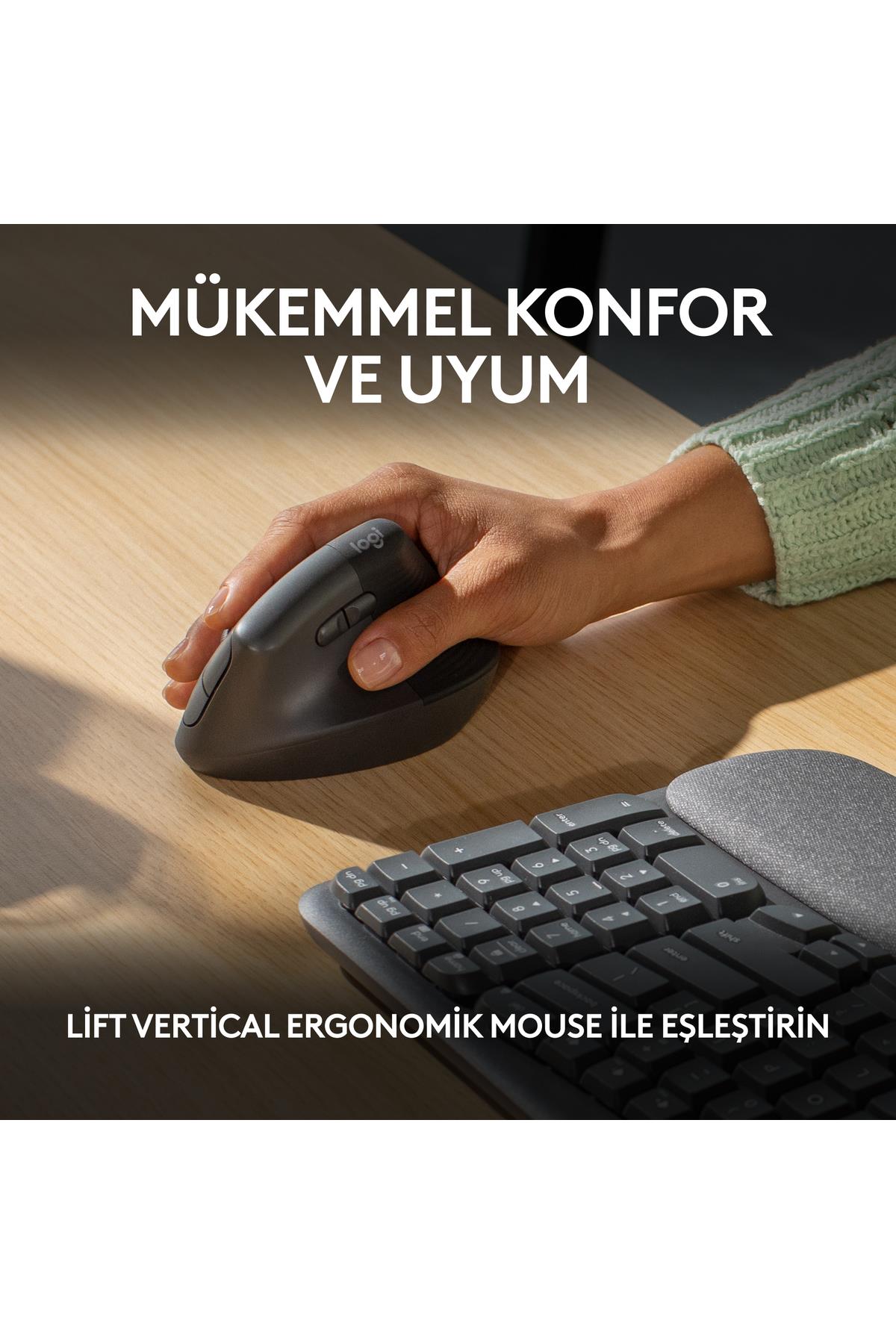 Wave Keys Kablosuz Bluetooth Dolgulu Avuç İçi Destekli Ergonomik Türkçe Q Klavye - Siyah