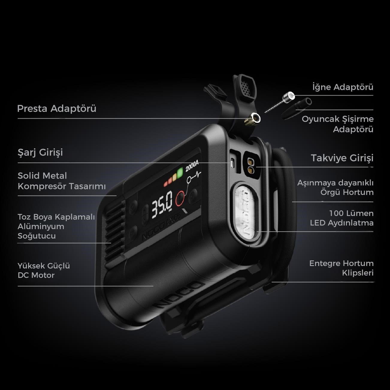 NOCO AX65 12V Lityum 2000Amp Akıllı Akü Takviye + Pompa + Powerbank + Led Lamba