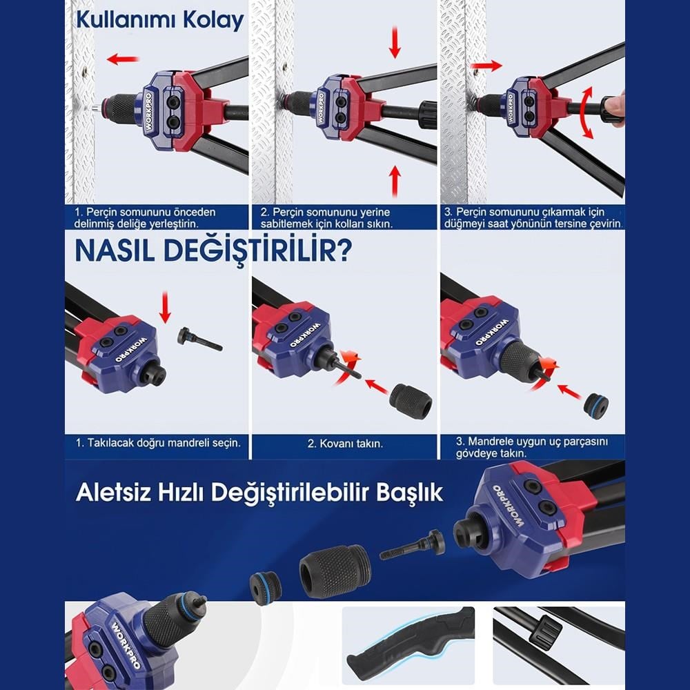 WORKPRO WP200532 400mm INC/MM Ağır Hizmet Kollu Somun Perçinleme Tabancası + 185 Adet Perçin