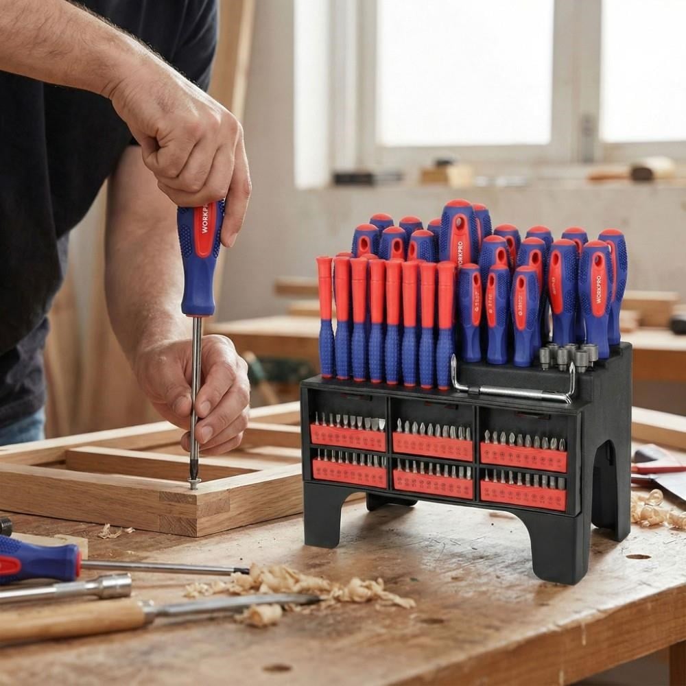 WORKPRO WP200560 100 Parça Duvar Askı Aparatlı Profesyonel CR-V Manyetik Tornavida ve Bits Uç Seti