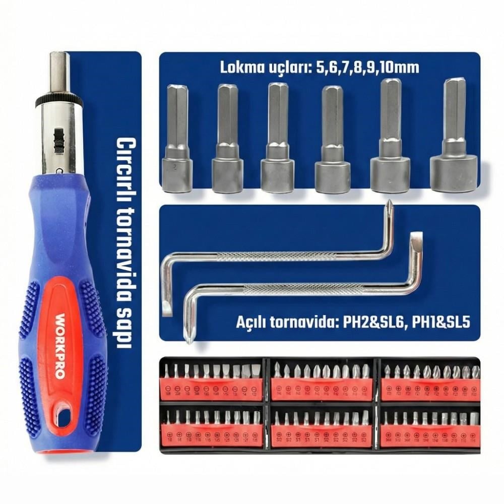 WORKPRO WP200560 100 Parça Duvar Askı Aparatlı Profesyonel CR-V Manyetik Tornavida ve Bits Uç Seti