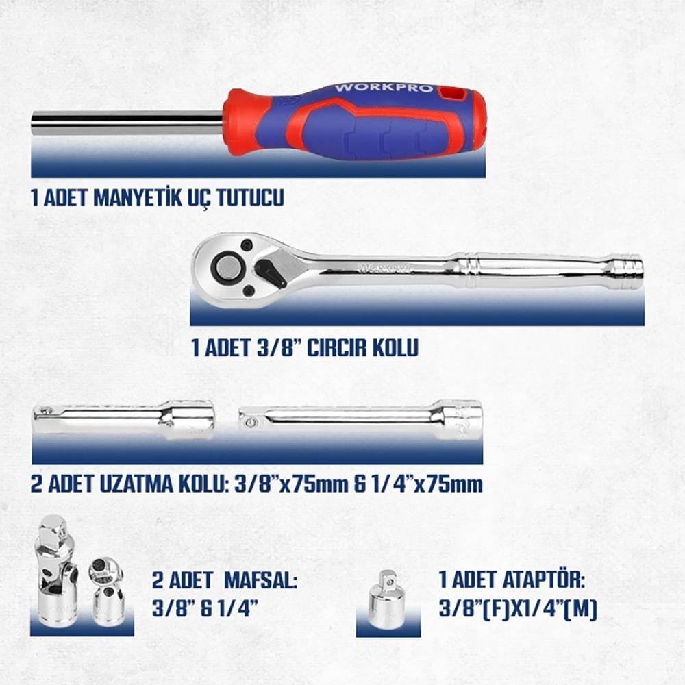 WORKPRO WP202524 1/4'’ 3/8’’ Metrik 75 Parça Cr-V Profesyonel Lokma Takımı