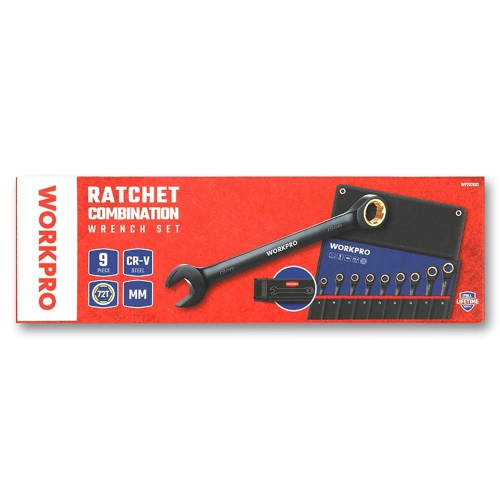 WORKPRO WP202602 8-19mm 9 Parça CR-V Profesyonel Cırcır Kombine Anahtar Takımı + Bez Taşıma Kılıfı