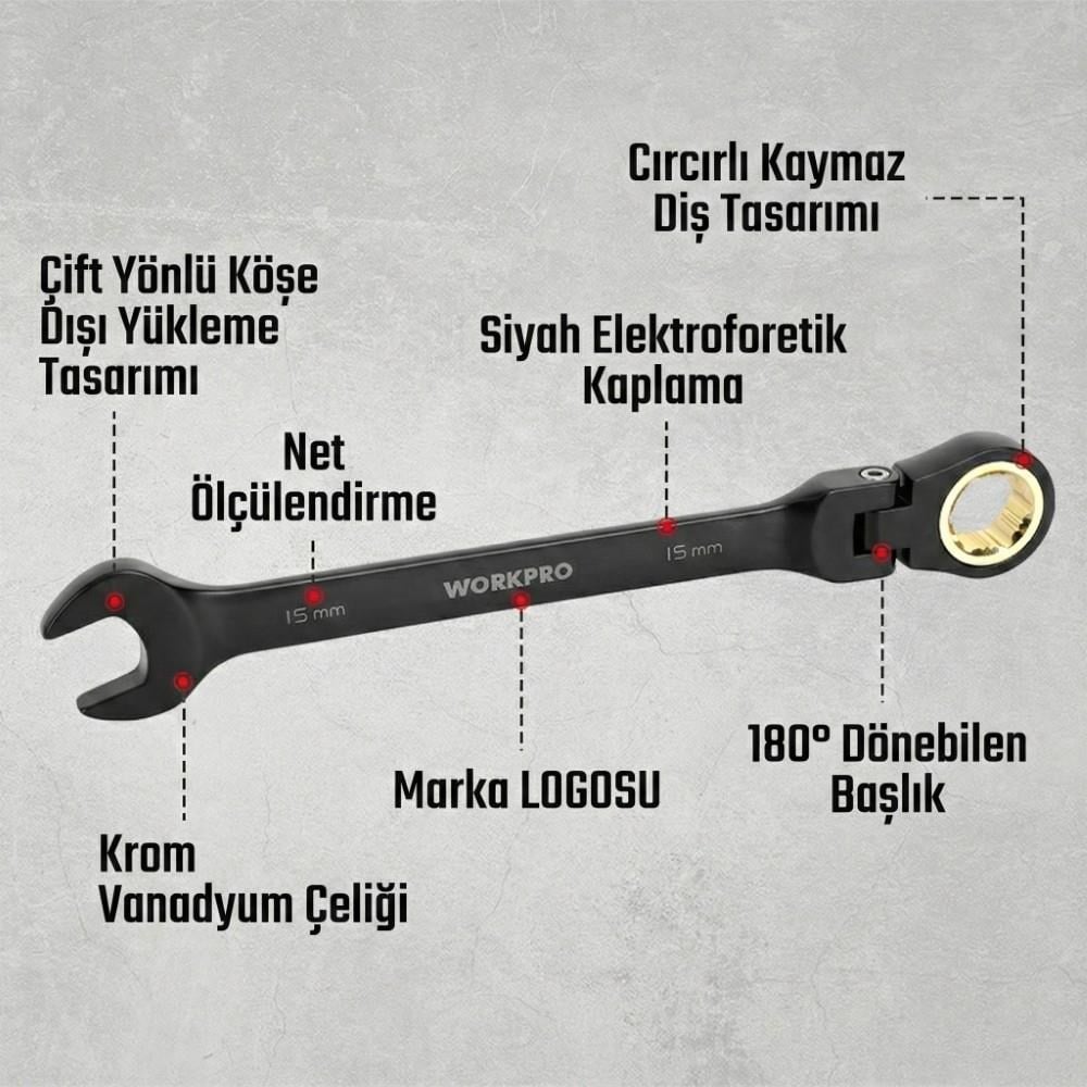 WORKPRO WP202603 8-17mm 8 Parça CR-V Profesyonel Mafsallı Cırcır Kombine Anahtar Takımı + Bez Taşıma Kılıfı