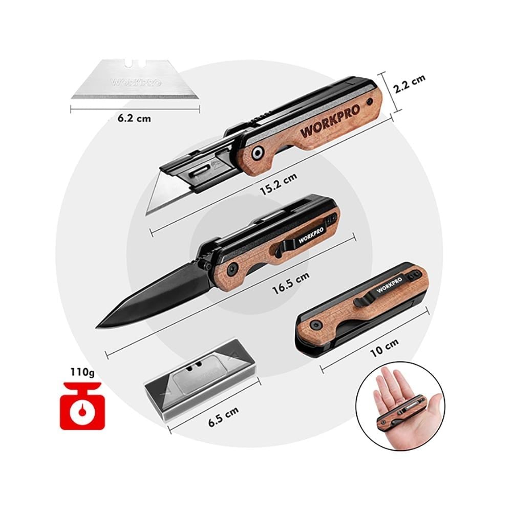 WORKPRO WP211015 2-IN-1 Ahşap Saplı Profesyonel Cep Çakısı & Katlanır Rötuş Maket Bıçağı + 11 Adet Yedek Bıçak