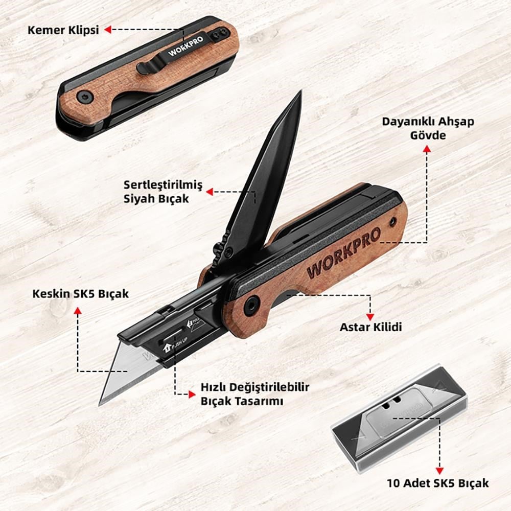 WORKPRO WP211015 2-IN-1 Ahşap Saplı Profesyonel Cep Çakısı & Katlanır Rötuş Maket Bıçağı + 11 Adet Yedek Bıçak