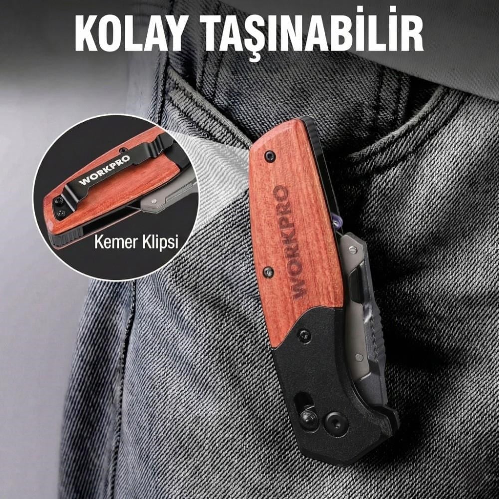 WORKPRO WP211035 Ağır Hizmet Çelik/Ahşap Gövde Katlanır Rötuş Maket Bıçağı + 11 Adet Yedek Bıçak