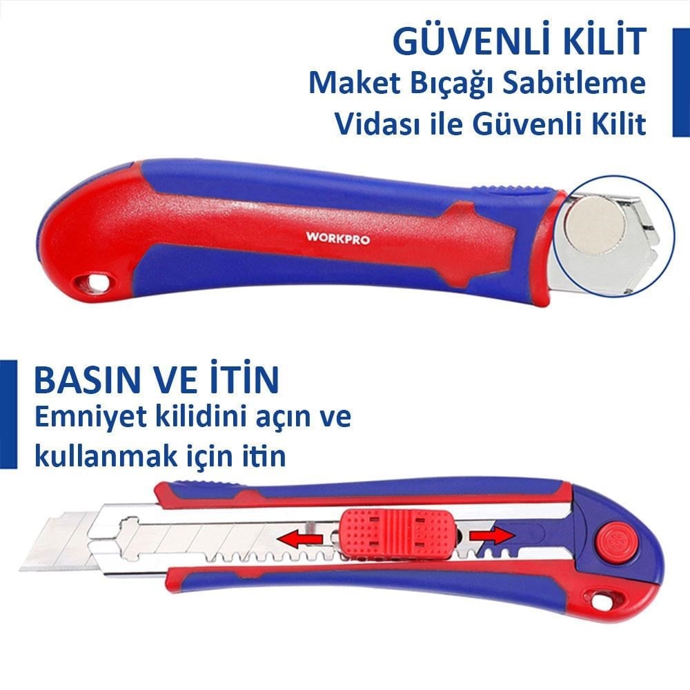 WORKPRO WP212011 18MM Ağır Hizmet Paslanmaz Çelik Kasa Yedek Kartuşlu Maket Bıçağı + 4 Adet Yedek Bıçak
