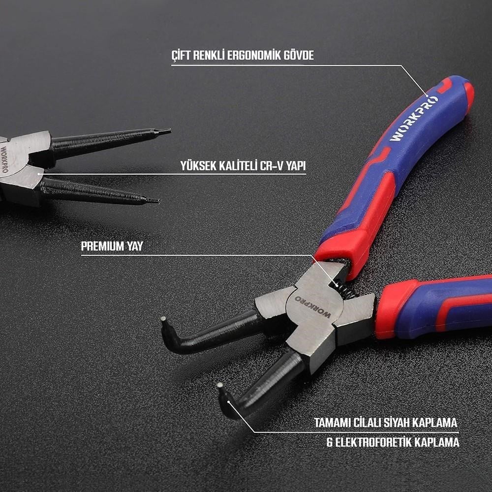 WORKPRO WP231151 180MM CR-V Eğri Uçlu Yaylı Profesyonel Dış Segman Pensesi