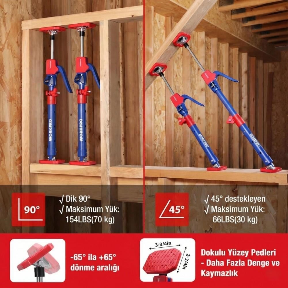WORKPRO WP289035 60-115cm 70Kg Teleskobik Mandallı Ayarlanabilir 2’Li Çelik Destek Direği + Taşıma Çantası