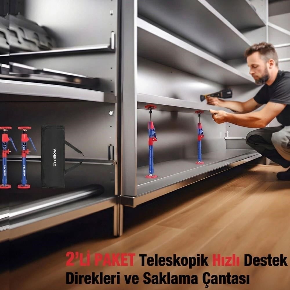 WORKPRO WP289036 47-75cm 70Kg Teleskobik Mandallı Ayarlanabilir 2’Li Çelik Destek Direği + Taşıma Çantası