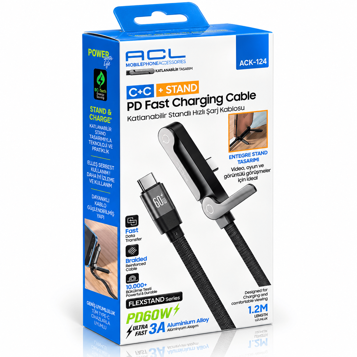 ACL ACK-124 Standlı Type-C to Type-C PD 60W Hızlı Şarj Kablosu – Telefon Tutuculu
