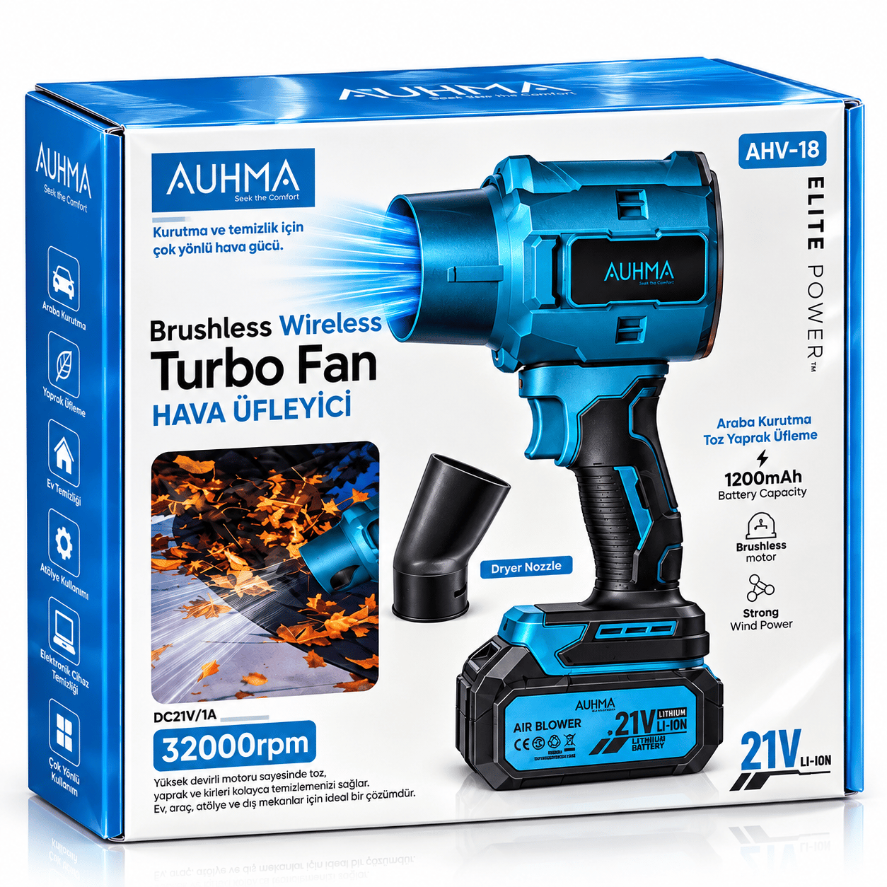 AUHMA Turbo Hava Üfleyici 32.000 RPM AHV-18 Şarjlı Brushless 21V