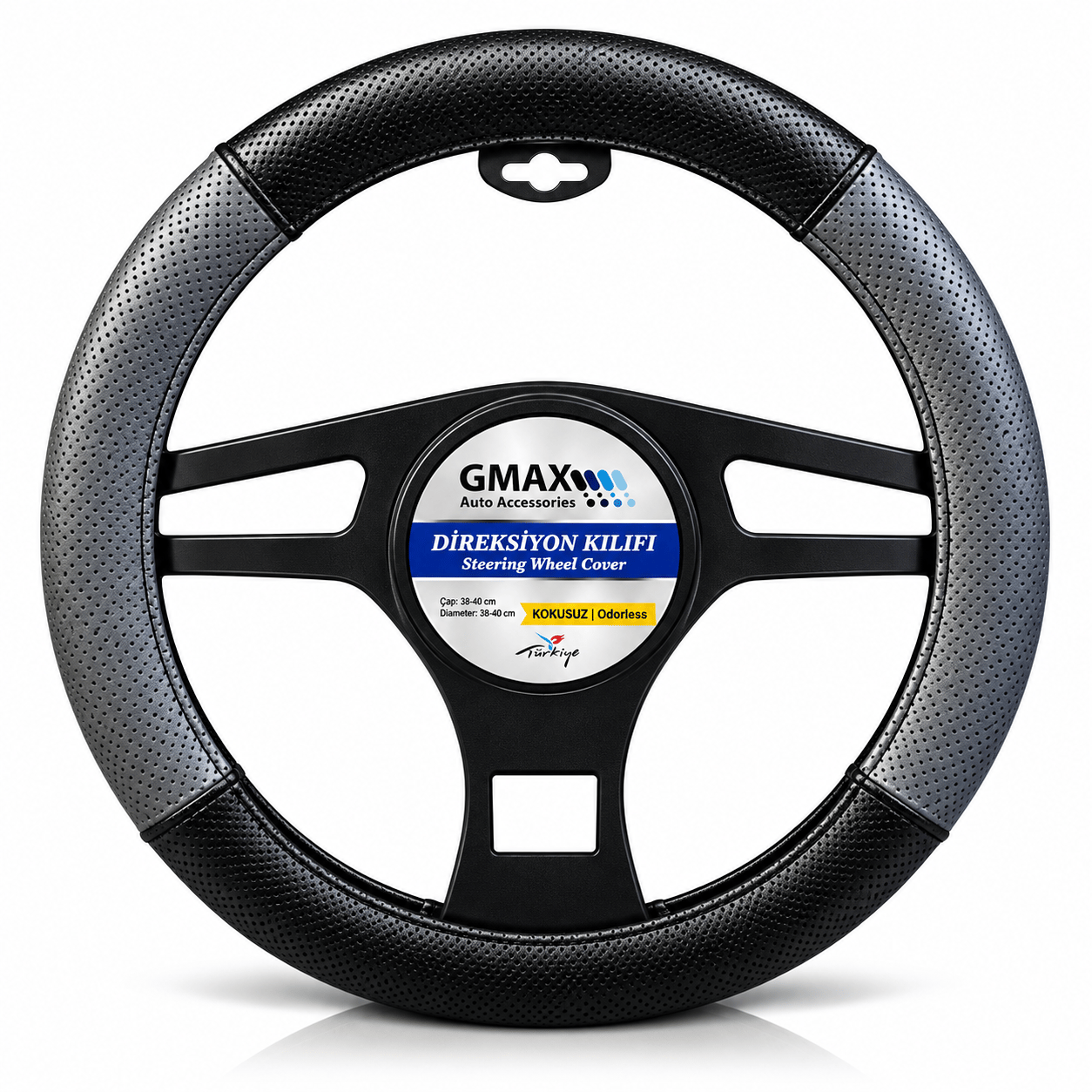 Geçmeli Direksiyon Kılıfı 38cm Gri-Siyah Noktali F-102 – Kaymaz, Şık ve Dayanıklı