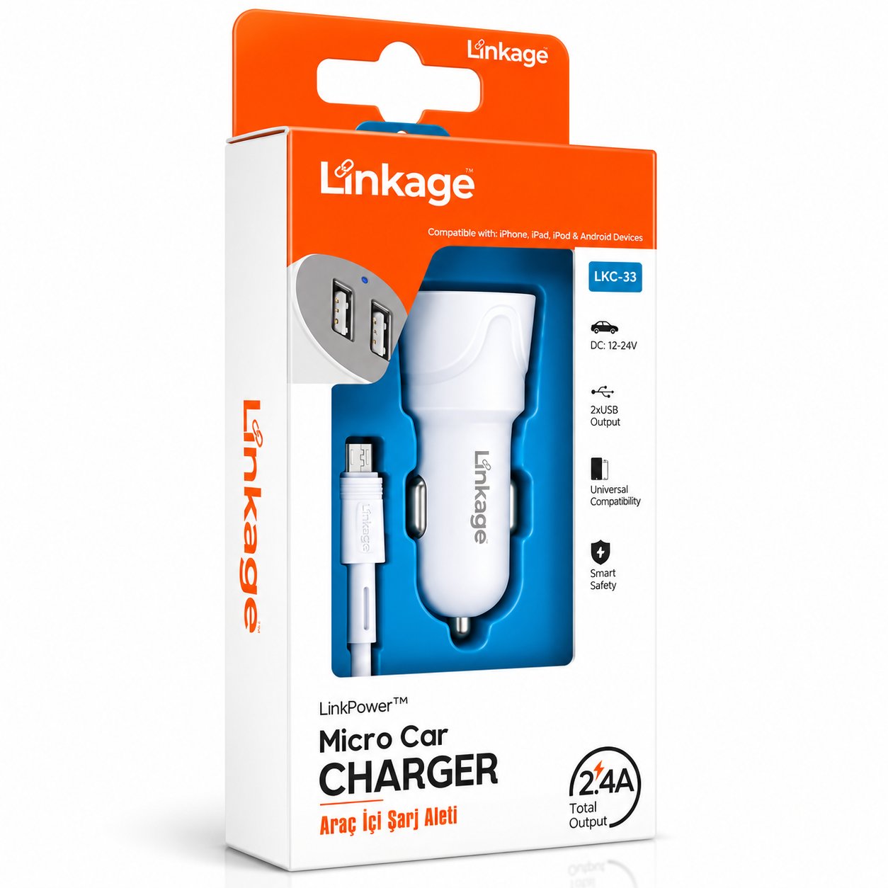 LİNKAGE LKC-33 Araç Şarjı ve Micro USB Şarj Kablolu 2 USB 2.4A Araç Şarj Cihazı