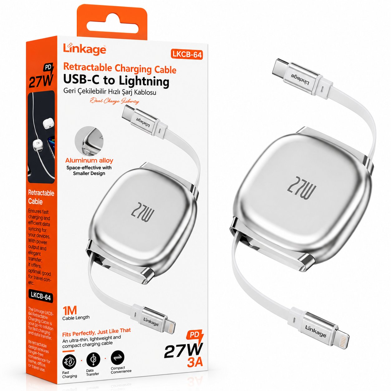 LİNKAGE LKCB-64 Type-C - iPhone Lightning Geri Çekilebilir Hızlı Şarj Kablosu 27W 1 Metre Gri