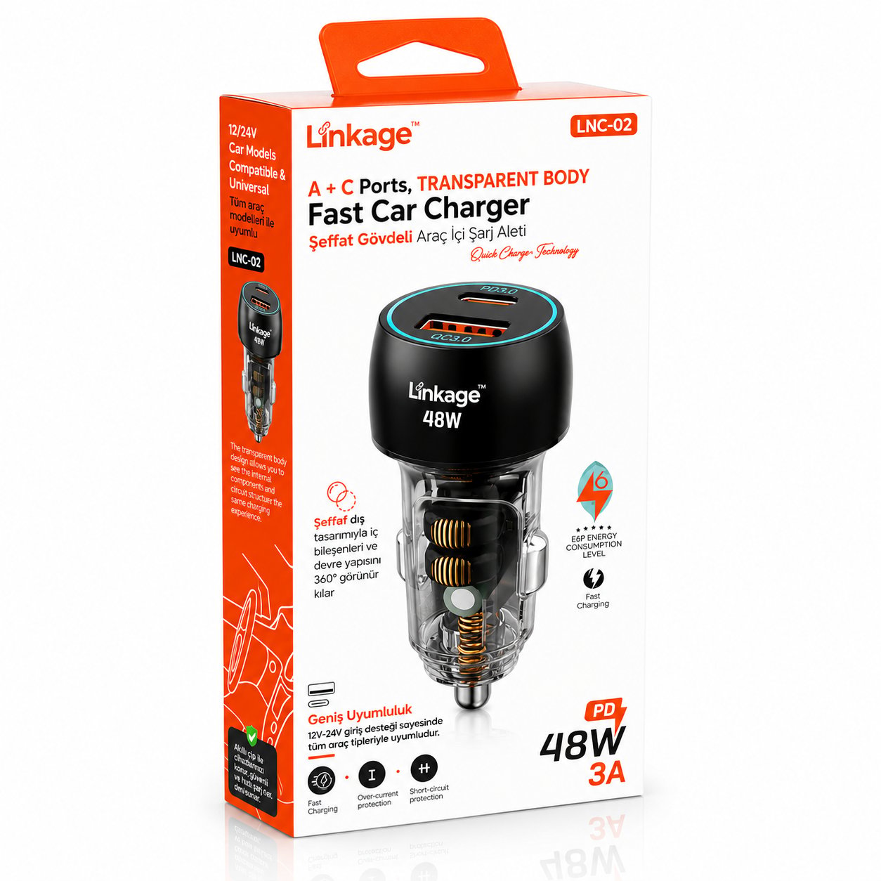 Linkage LNC-02 48W/3A Araç İçi Hızlı Şarj Soketi USB + Type-C Çift Port