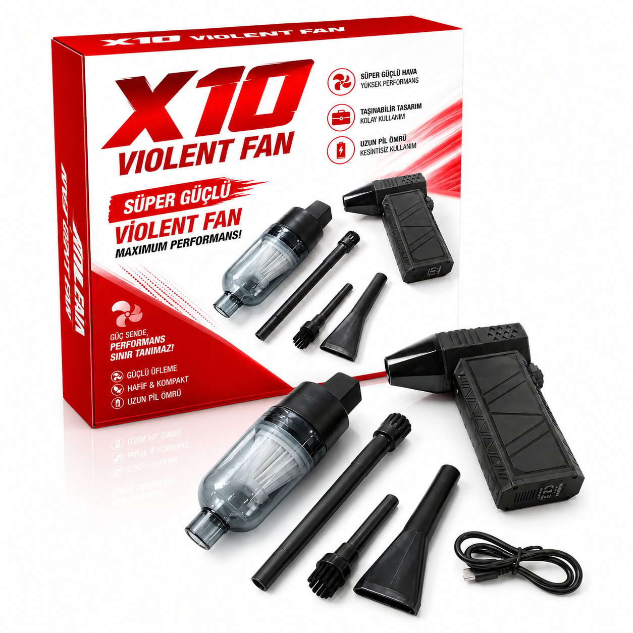 YK-DESIGN X-10 Violent Turbo Fan Süpürge | Şarjlı Hava Üfleyici & Mini Vakum