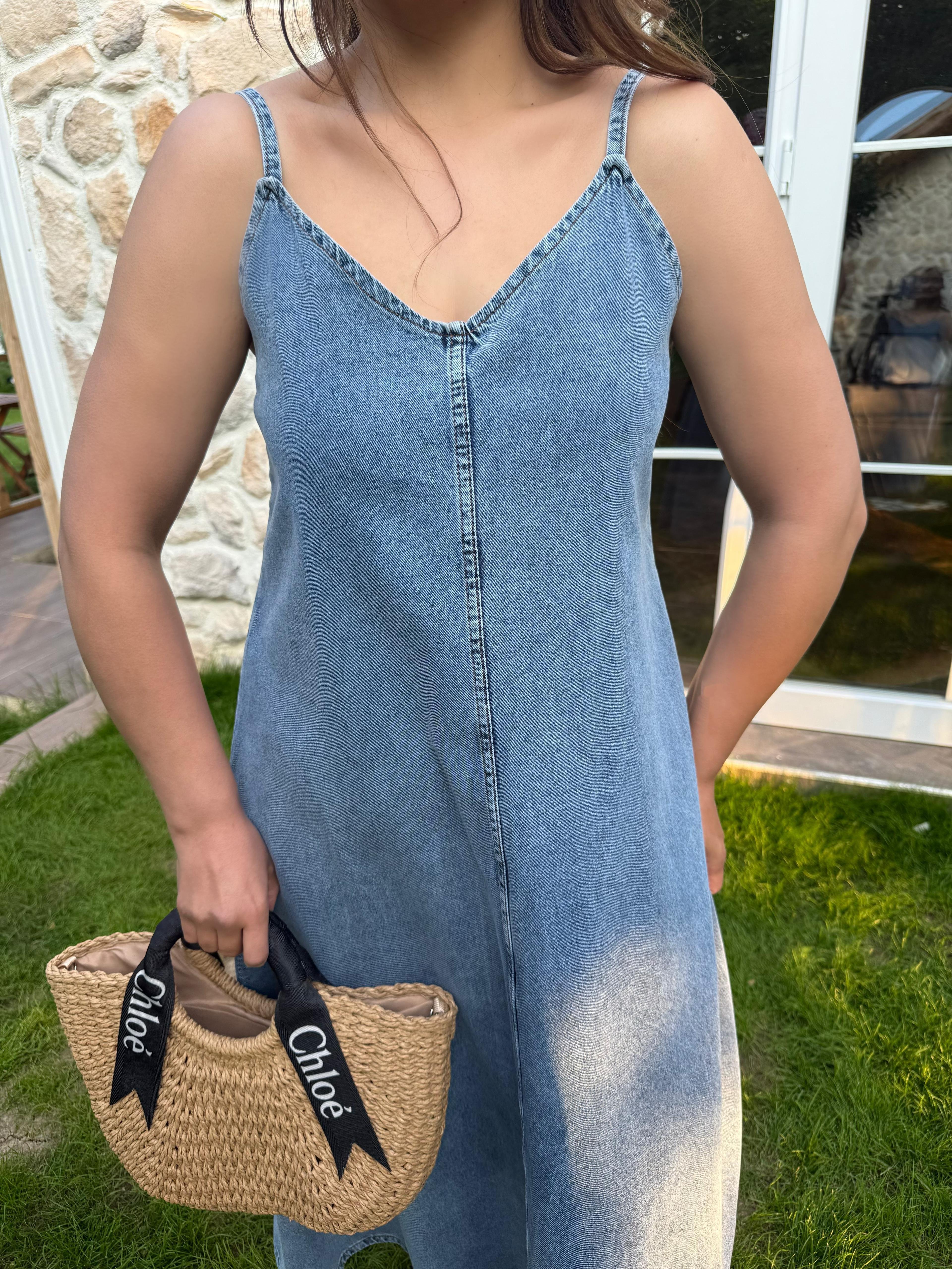 İp Askılı Denim Elbise