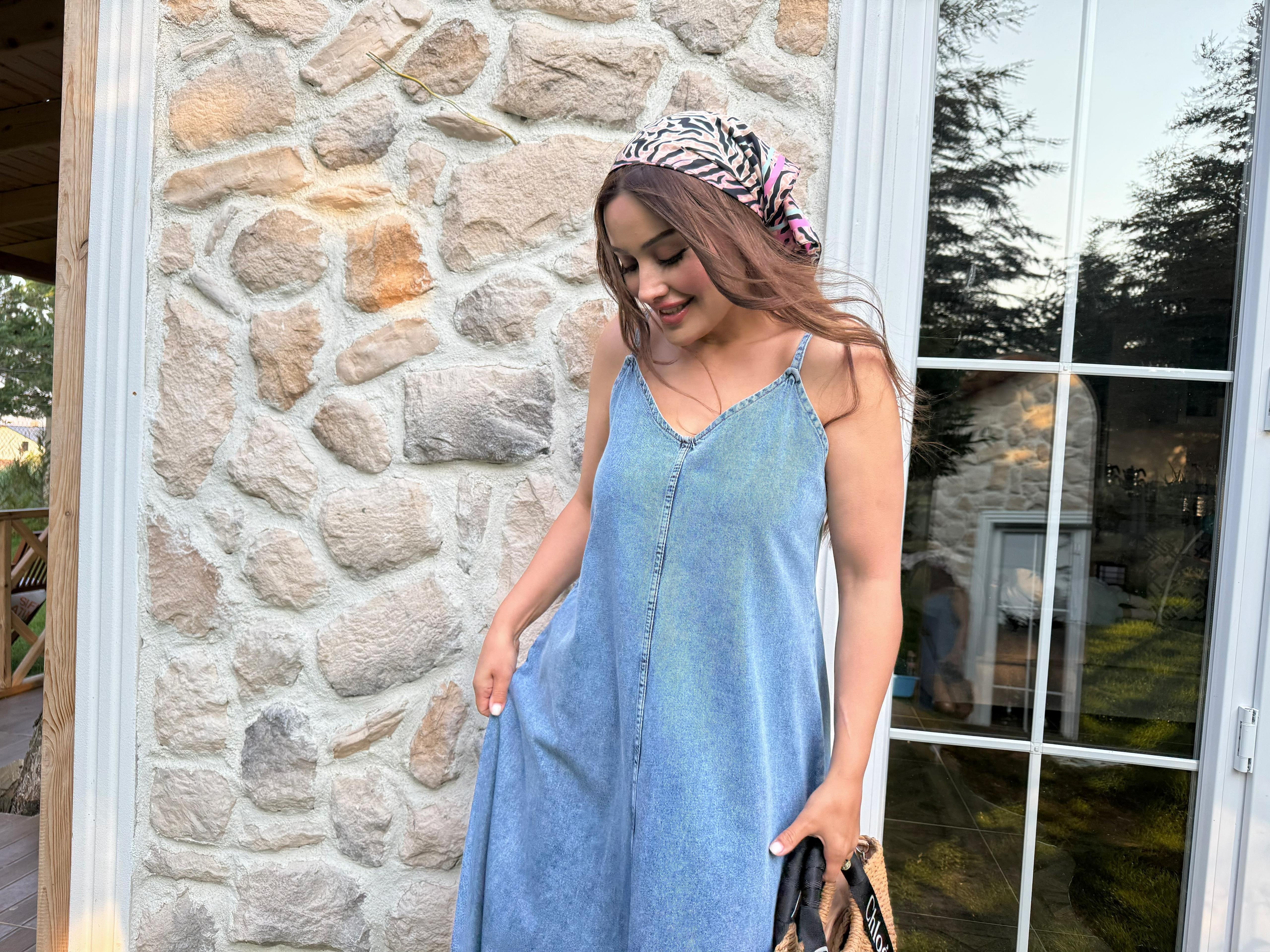 İp Askılı Denim Elbise
