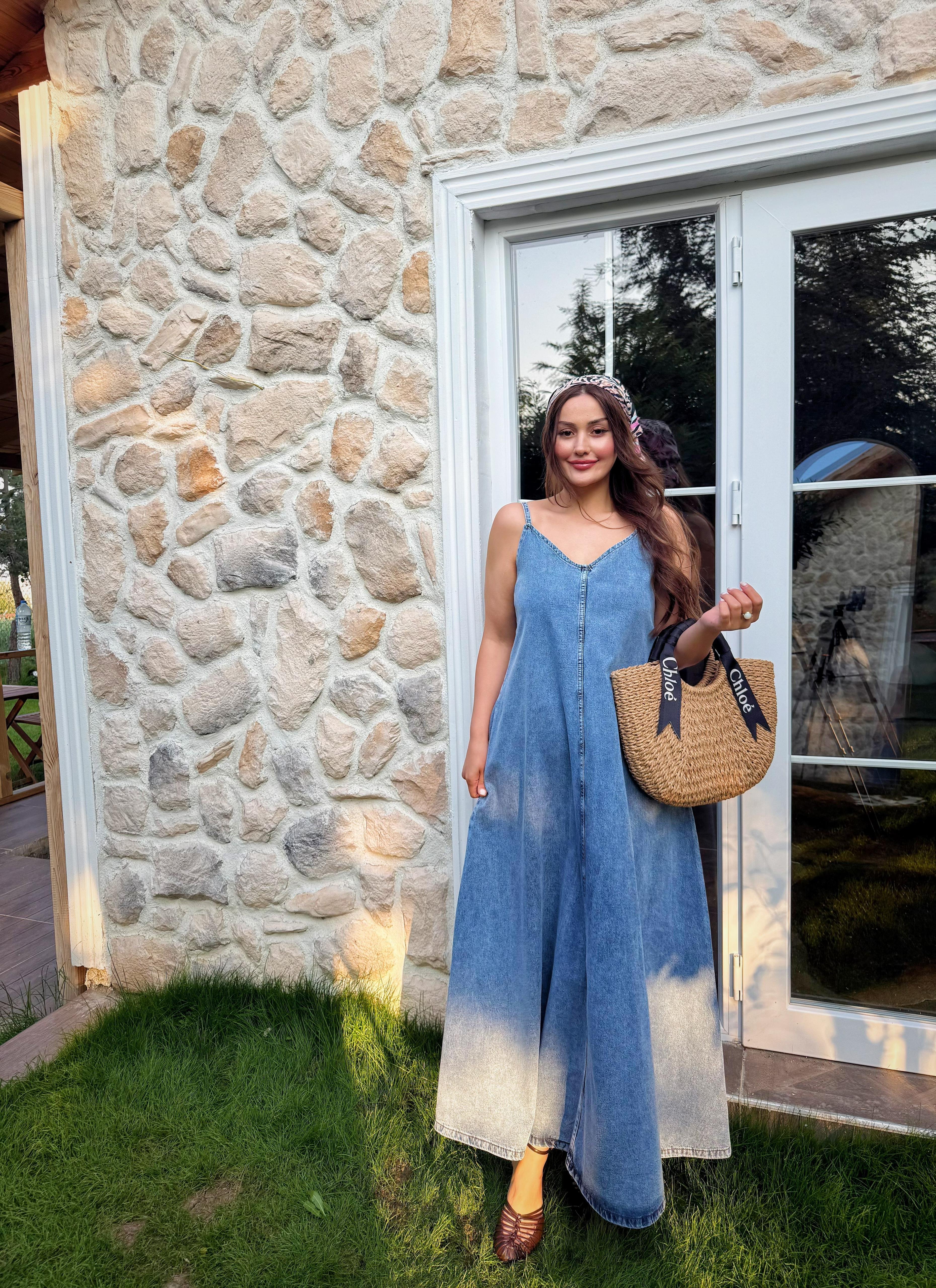İp Askılı Denim Elbise