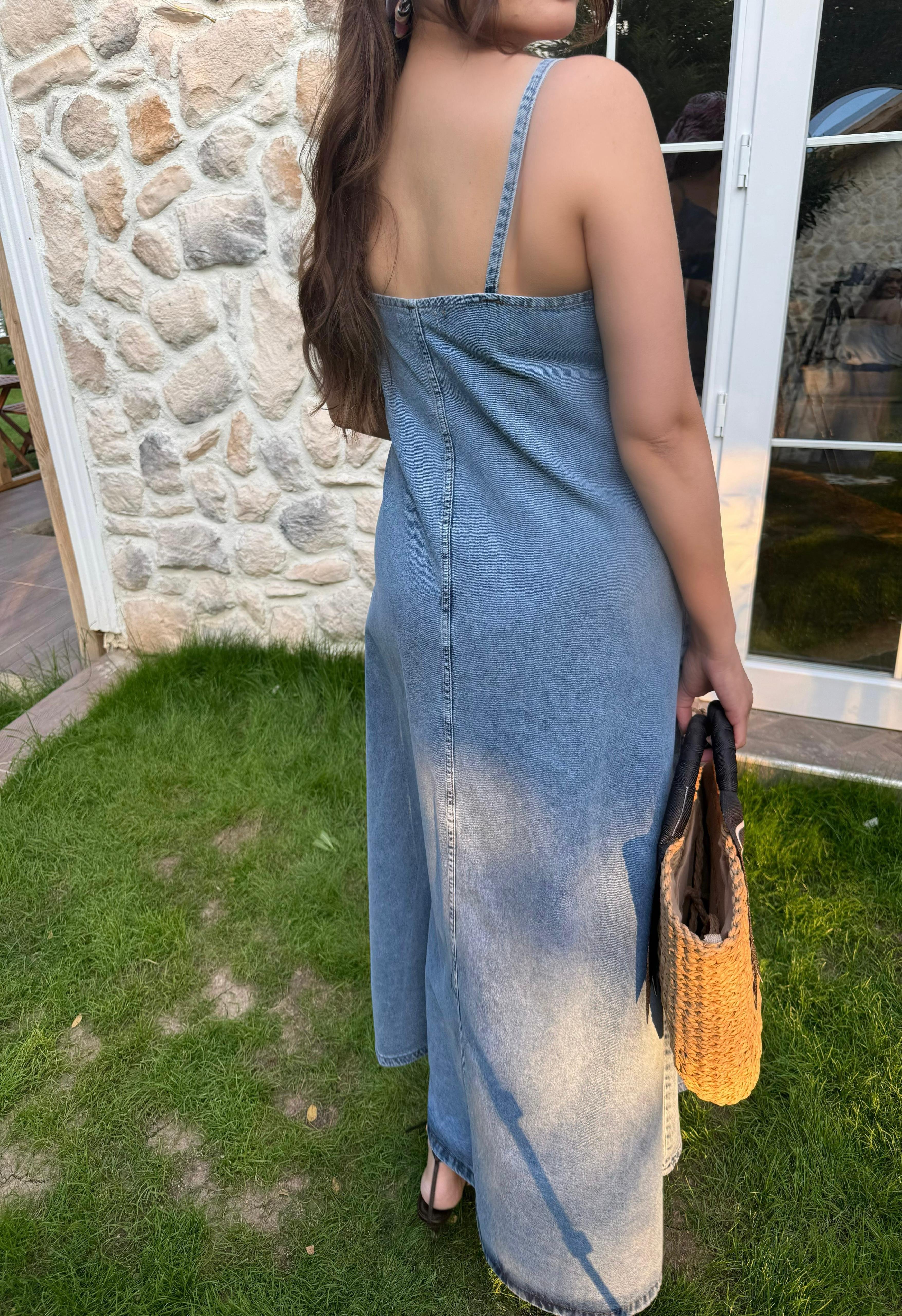 İp Askılı Denim Elbise