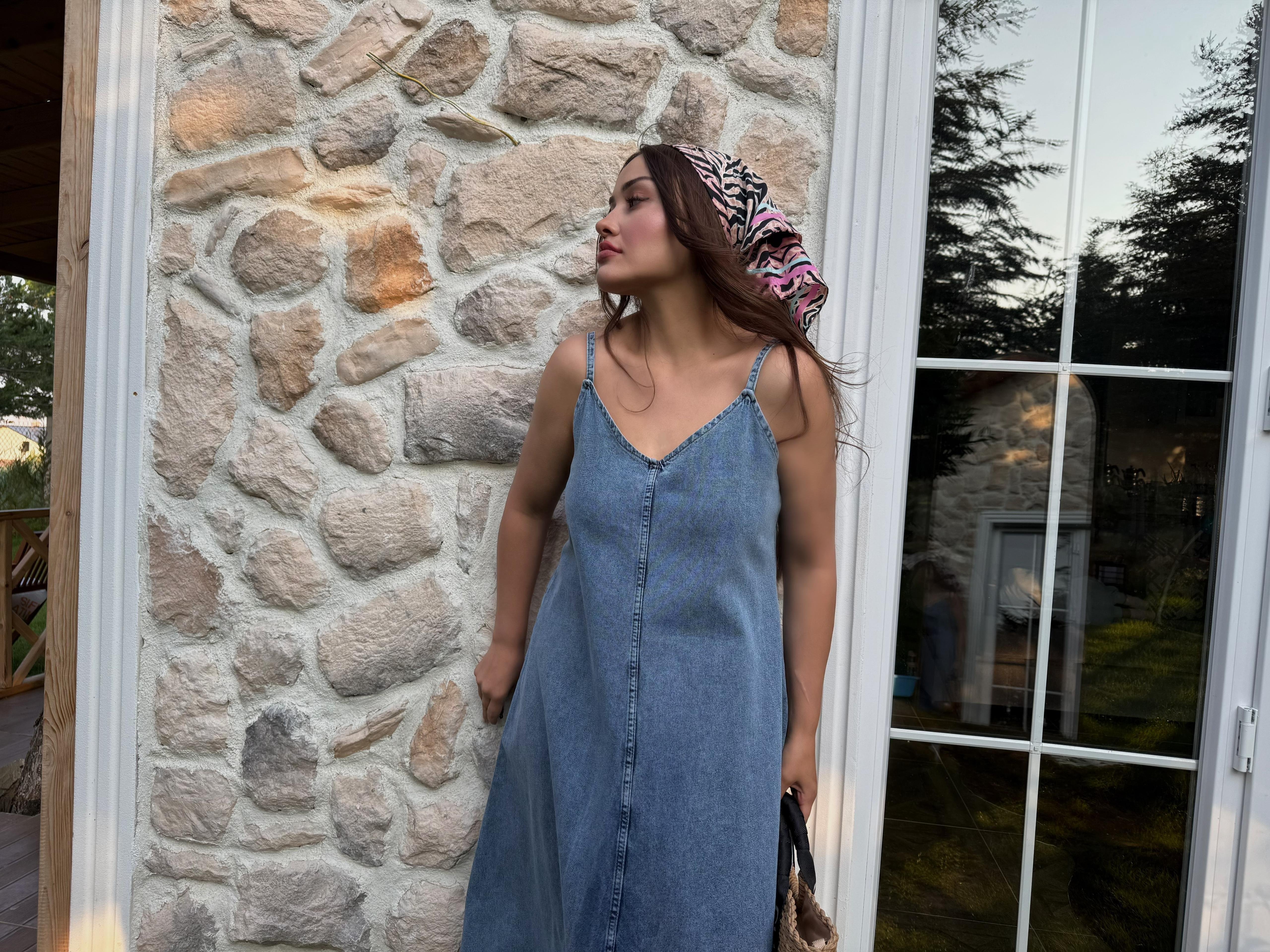İp Askılı Denim Elbise