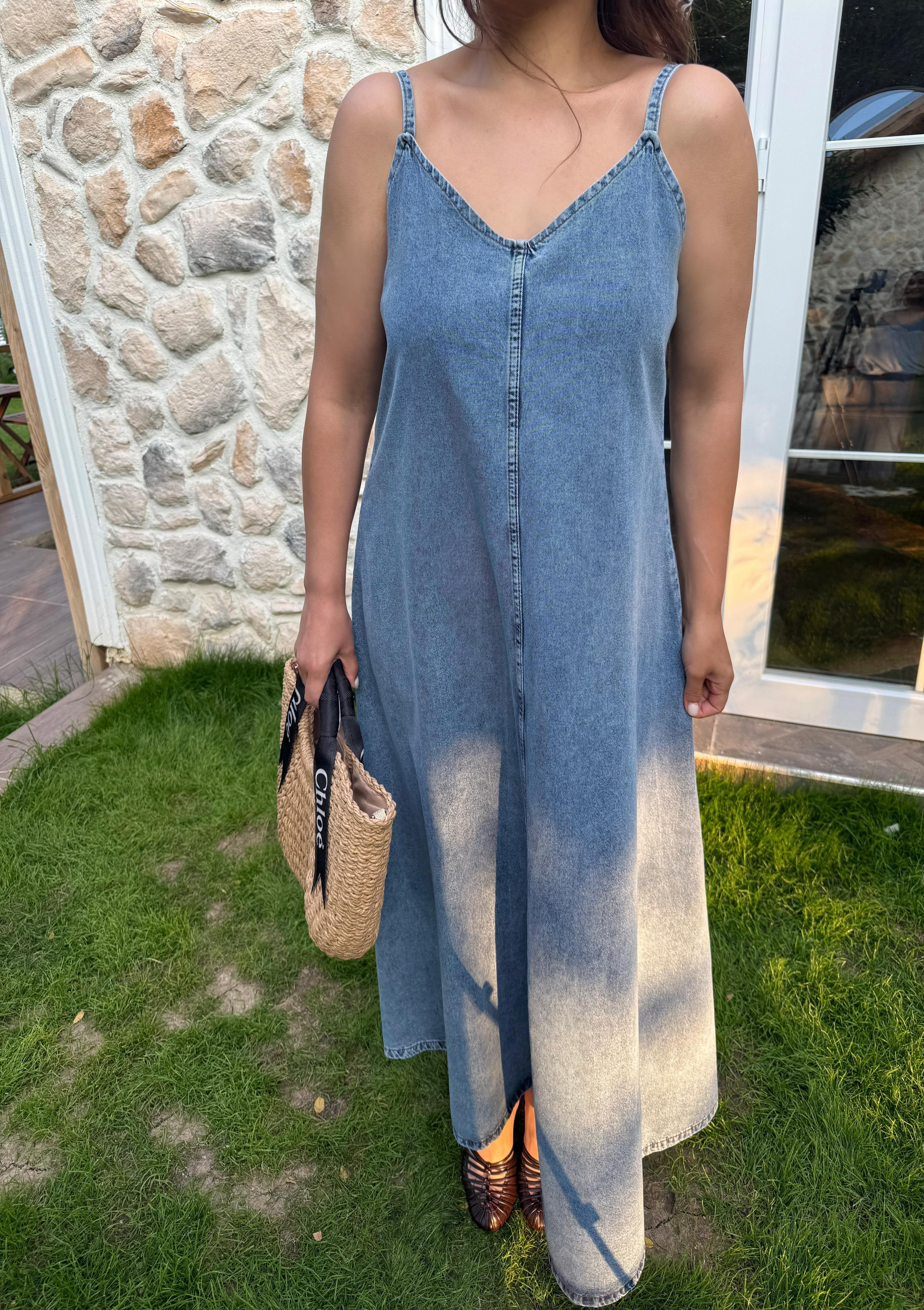 İp Askılı Denim Elbise