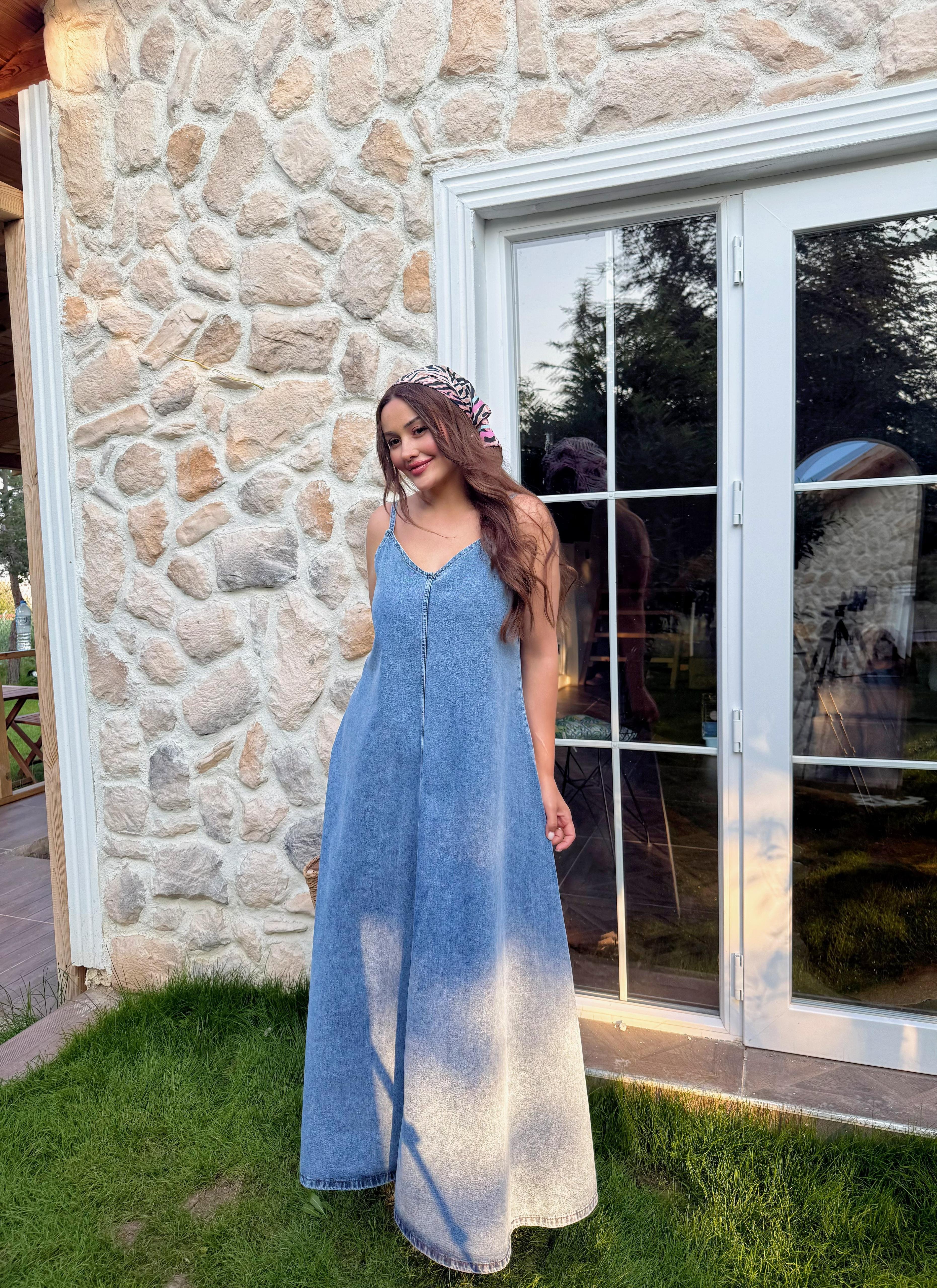 İp Askılı Denim Elbise