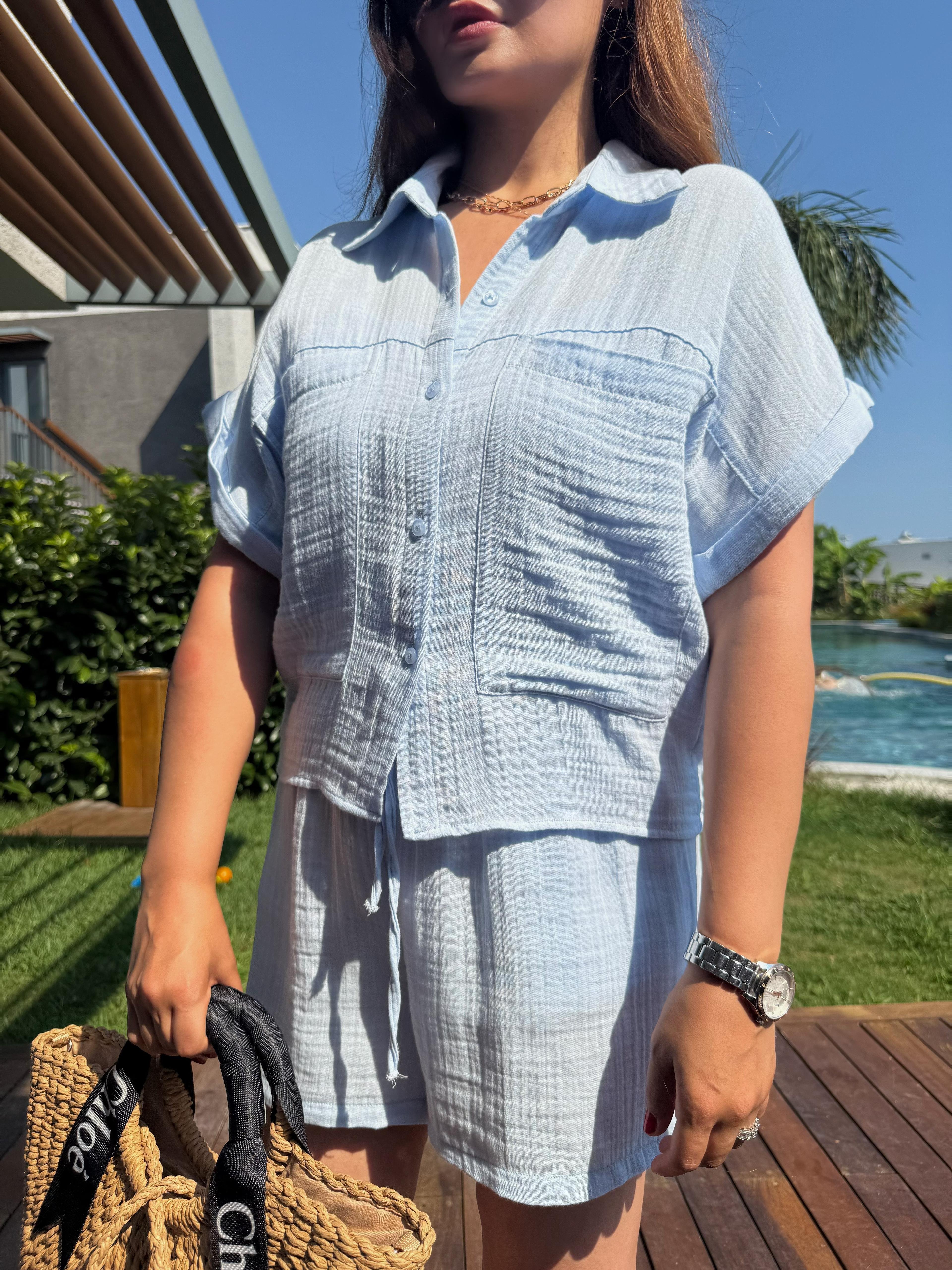 Mavi Şort Gömlek Müslin Takım