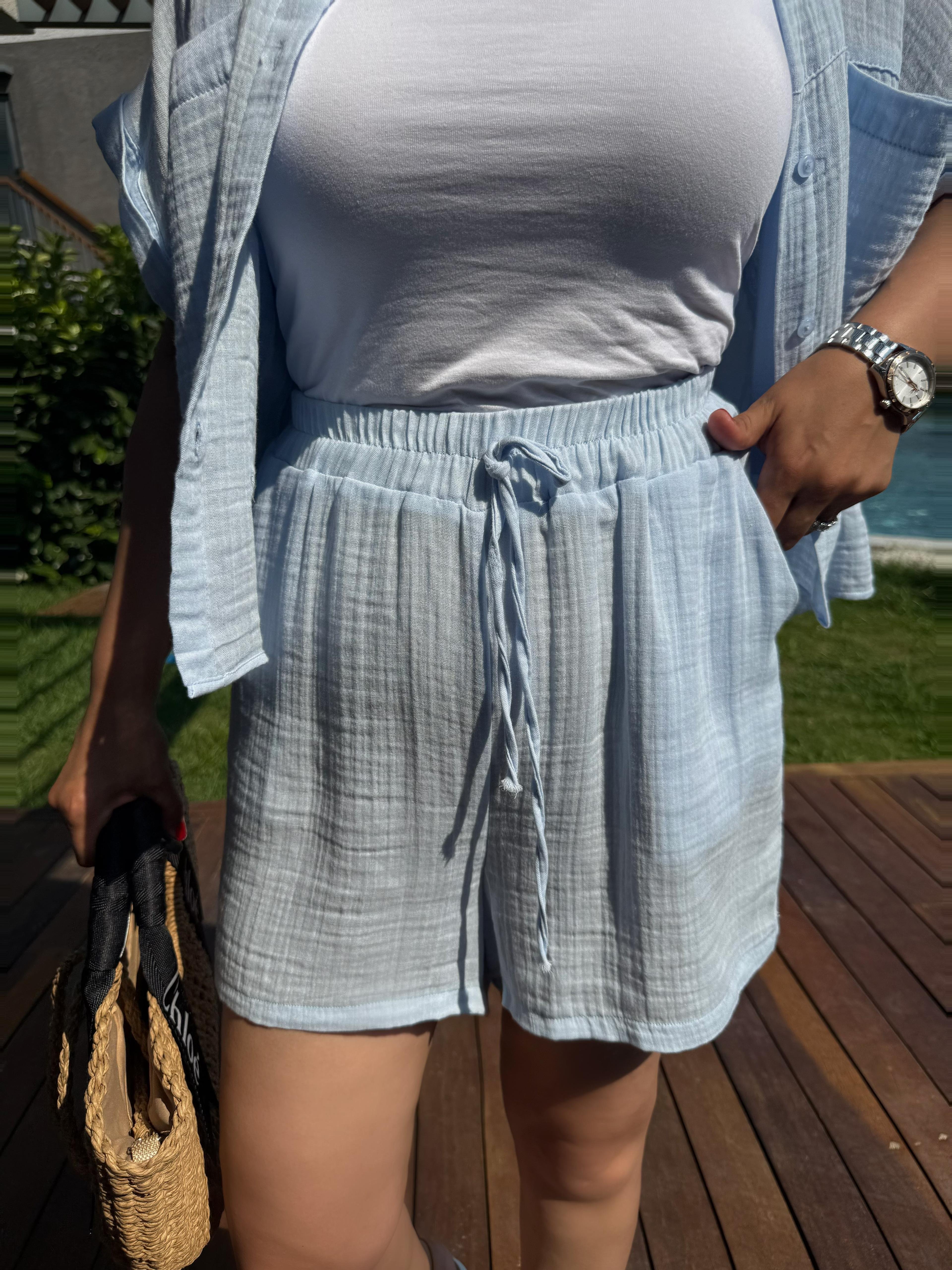 Mavi Şort Gömlek Müslin Takım