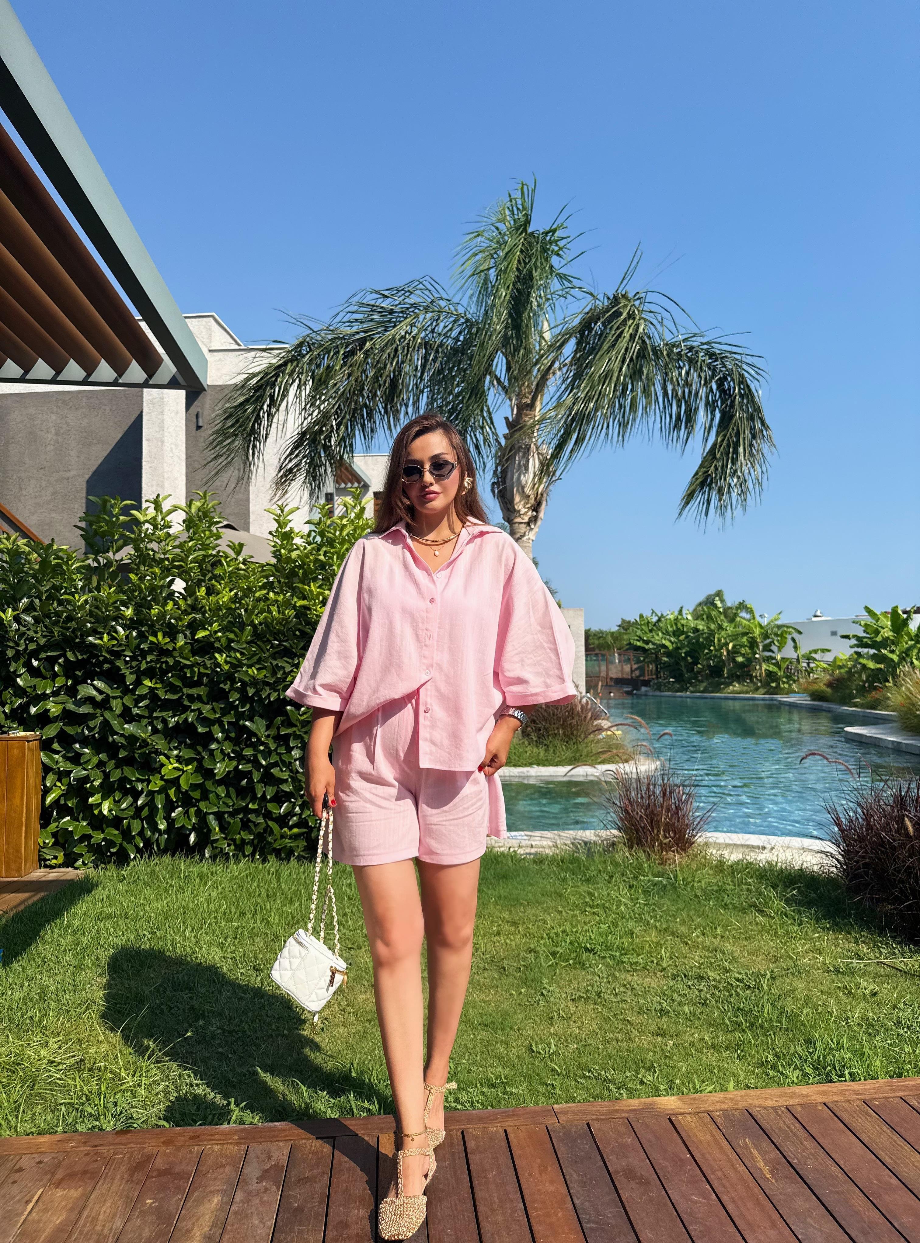 Pembe Keten Şortlu Takım