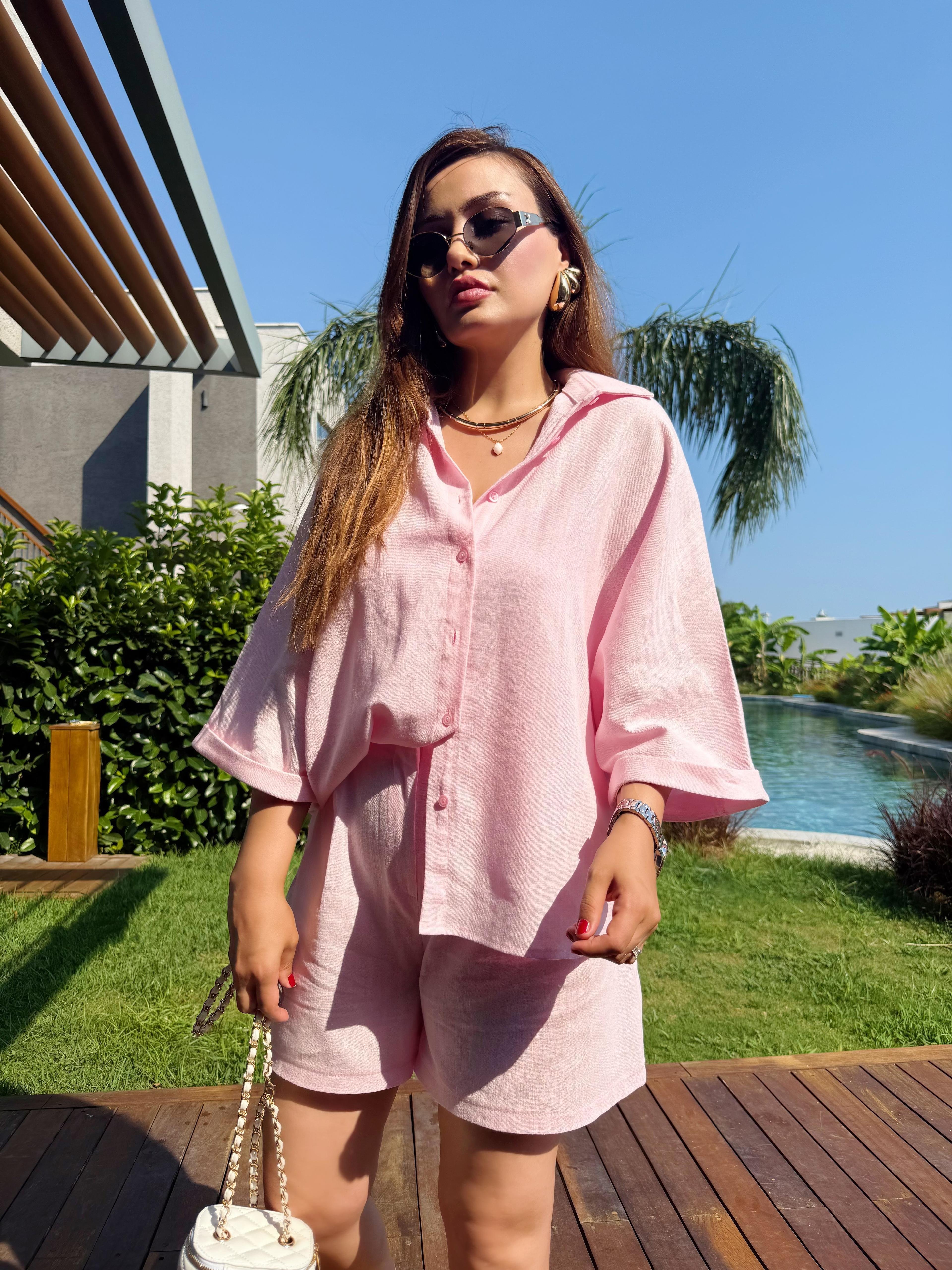 Pembe Keten Şortlu Takım