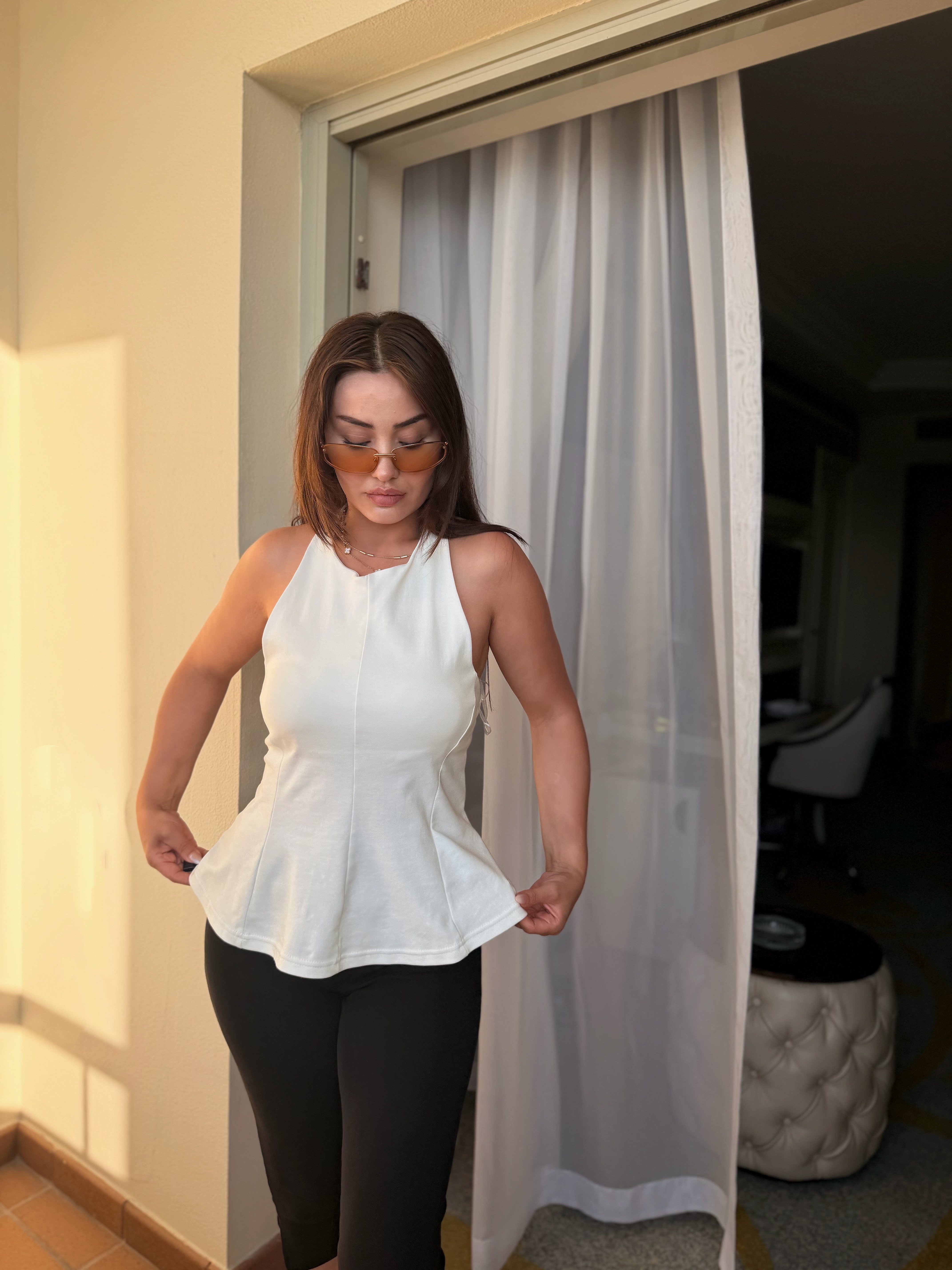 PREMİUM HALTER YAKA PEPLUM BLUZ - EKRU 