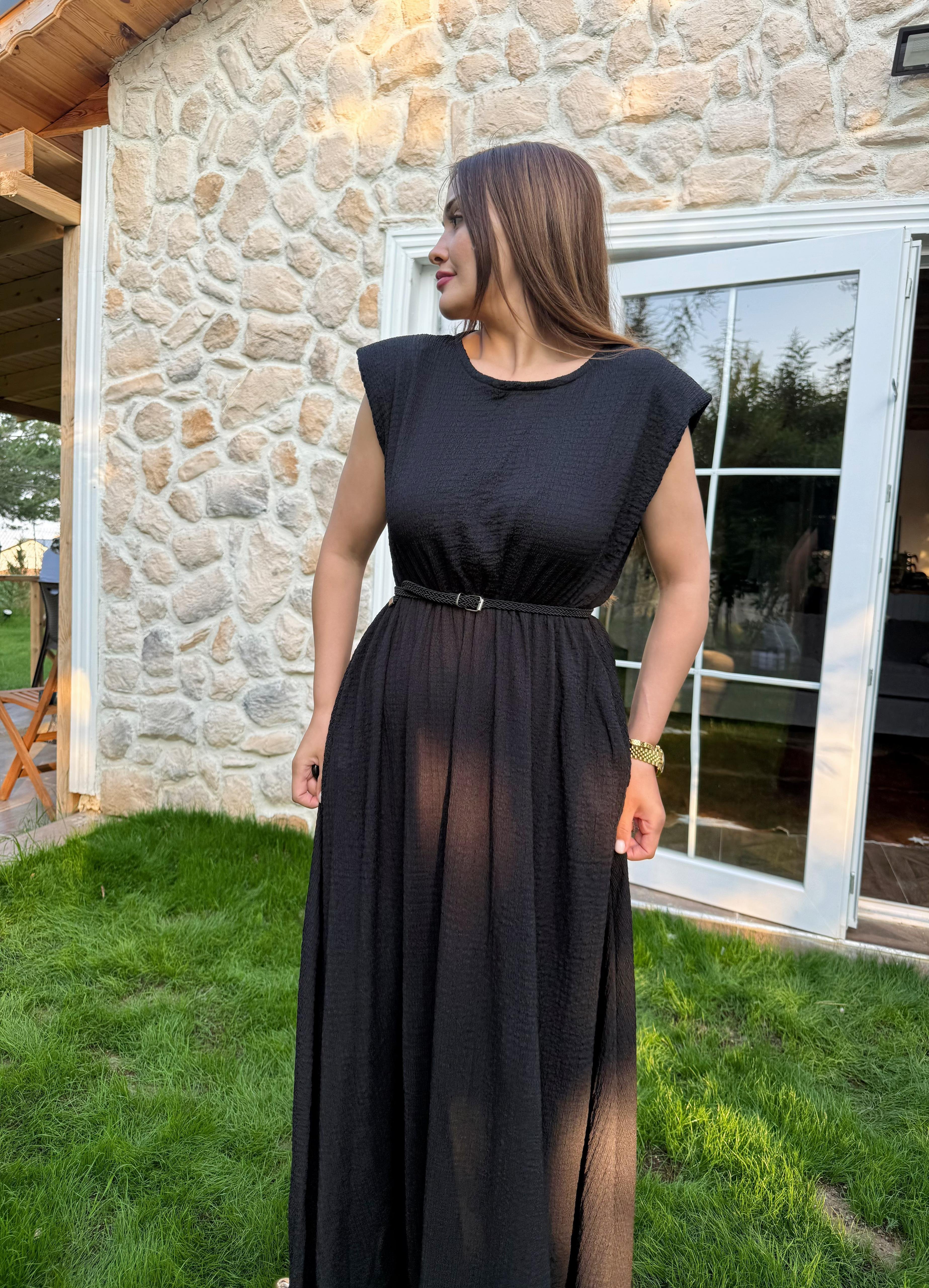 Vatkalı Kemerli Maxi Elbise
