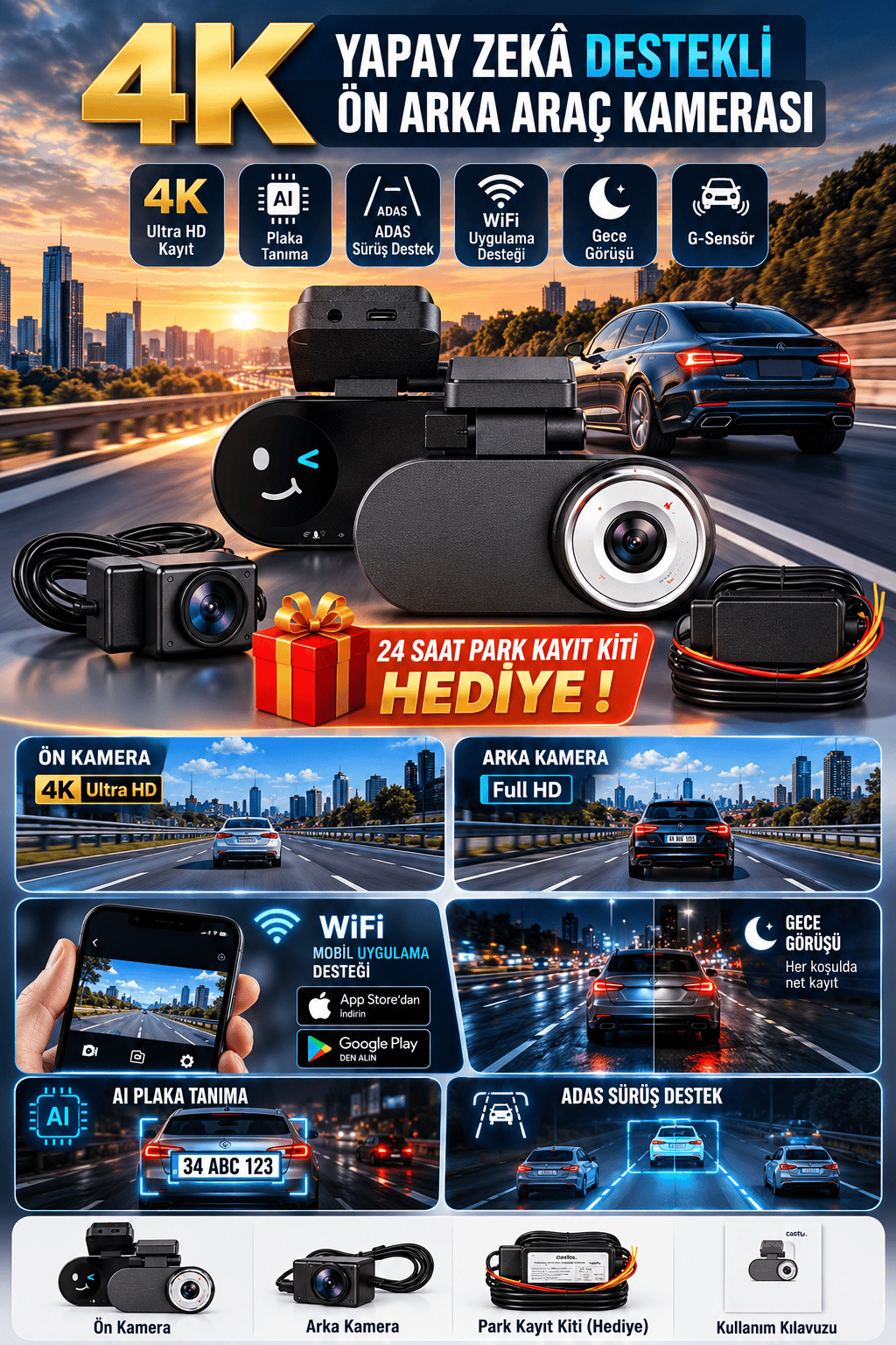 4K Yapay Zekâ Destekli Ön Arka Araç Kamerası + 24 Saat Park Kayıt Kiti Hediye, WiFi, Gece Görüşü