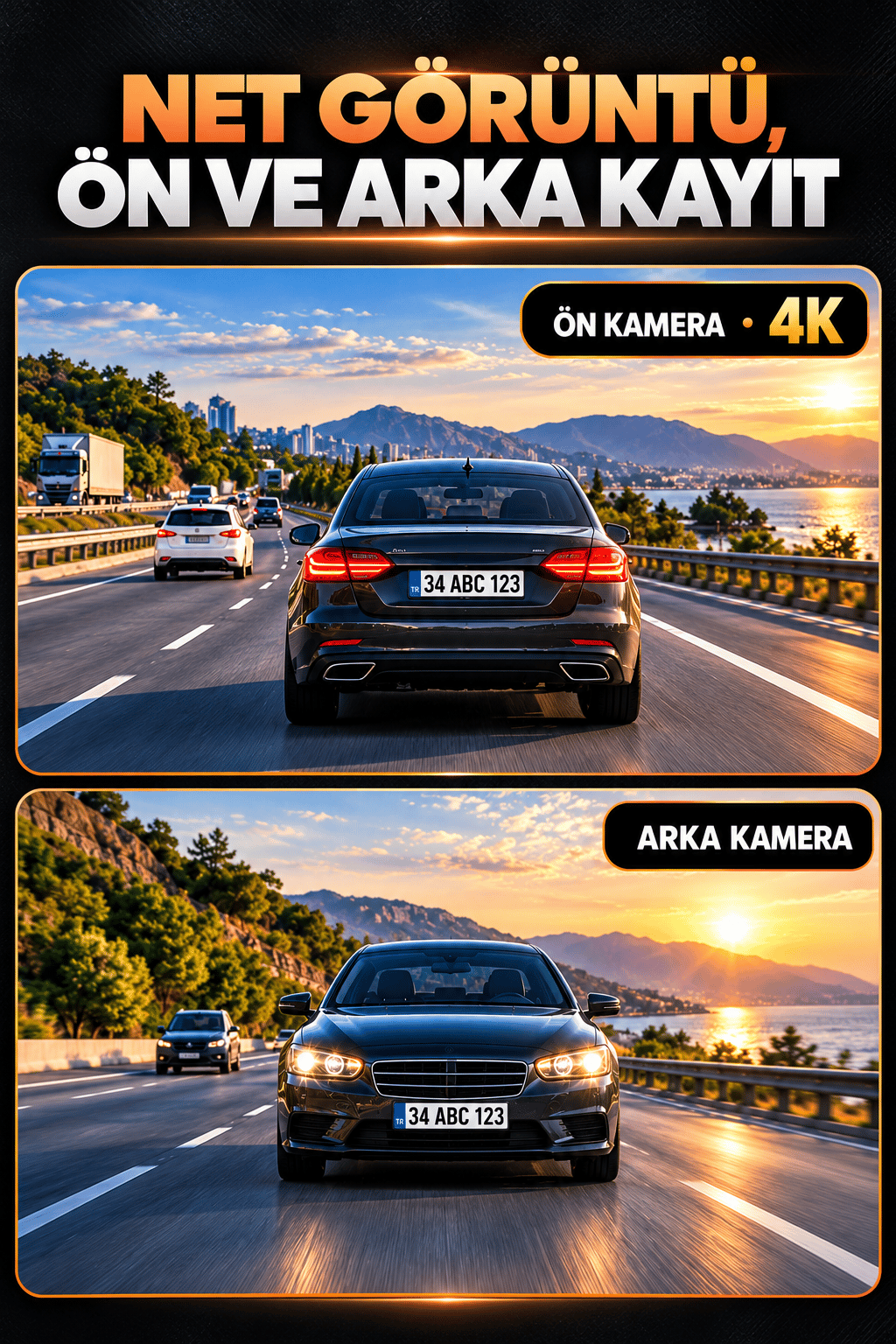 4K Yapay Zekâ Destekli Ön Arka Araç Kamerası + 24 Saat Park Kayıt Kiti Hediye, WiFi, Gece Görüşü