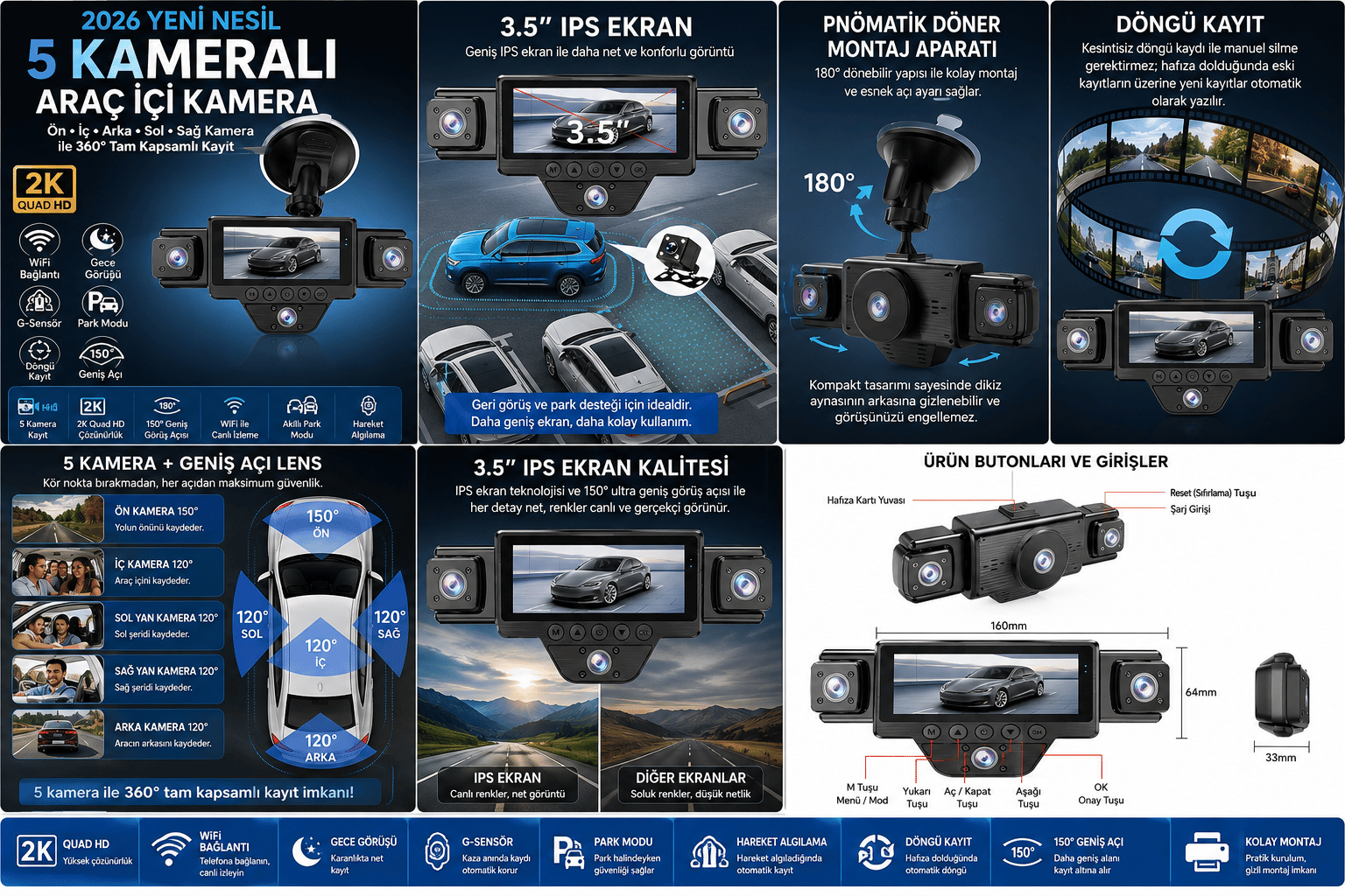 5 Kameralı N89 Araç İçi Kamera 2K Quad HD Ön İç Arka Yan Kameralı WiFi Gece Görüşlü G-Sensör 150° Geniş Açı Araç Kayıt Kamerası